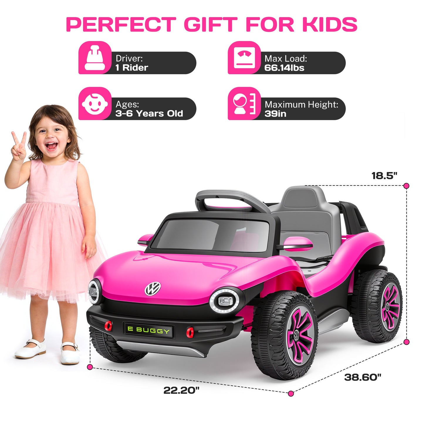 12V Electric Ride on Cars, Licensed Volkswagen Beetle Ride on Toys with Remote Control, Bluetooth, USB Port, Music, Rear Storage, LED Lights, Battery Powered Toddlers Electric Car for Kids Ages 3+