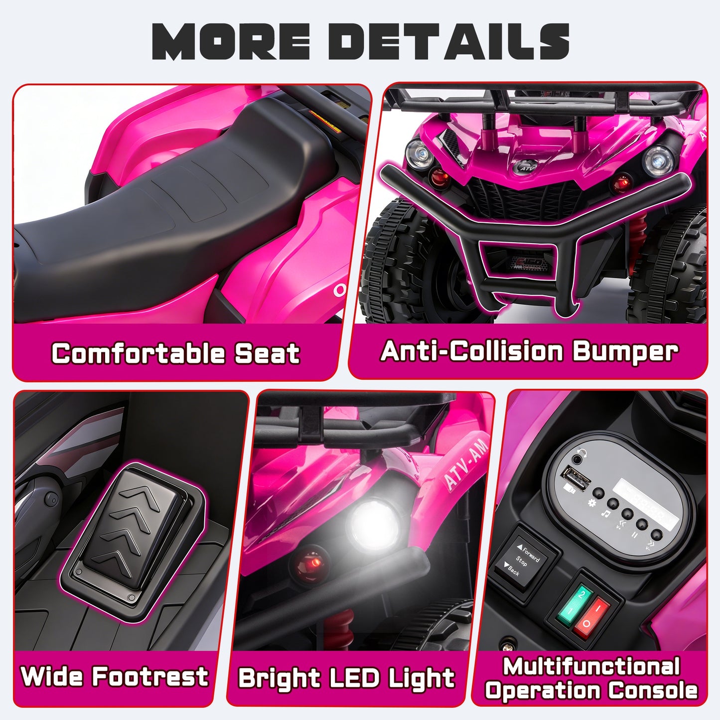 iRerts 24V Ride on ATV, Powered Ride on Toys for Kids Boys Girls Ages 3-5, Kids 4 Wheeler Electric Cars with Bluetooth, Music, LED Headlights, Front Rear Storage Racks, Crash Bars, Pink