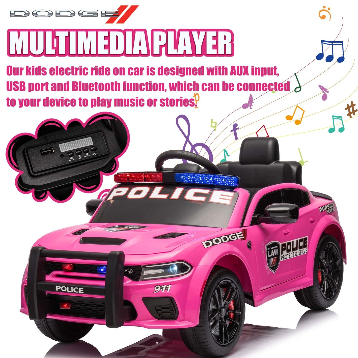 Dodge Charger 12V Ride on Police Cars, Battery Powered Ride on Toy Car with Remote Control for Boys Girls Gifts, Electric Car for Kids with Bluetooth, Music Player, LED Lights, 3 Speeds, Pink