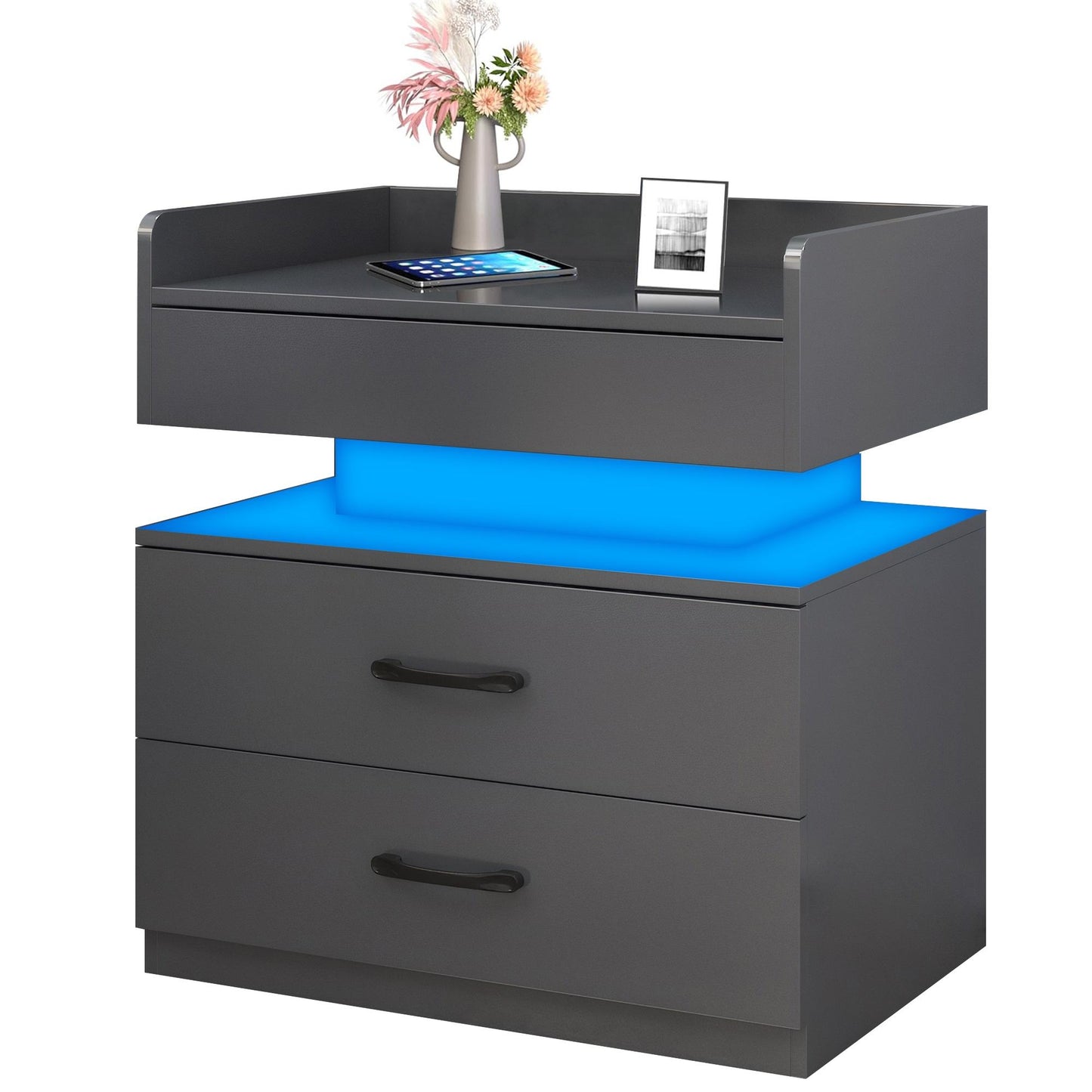 iRerts Bedside Table with Charging Station, Wood High Gloss Nightstand for Bedroom with Plug Outlet, 2 USB Ports, 2 Drawers, 16 LED Lights, Modern Night Stands End Side Table for Bedroom Office, Gray