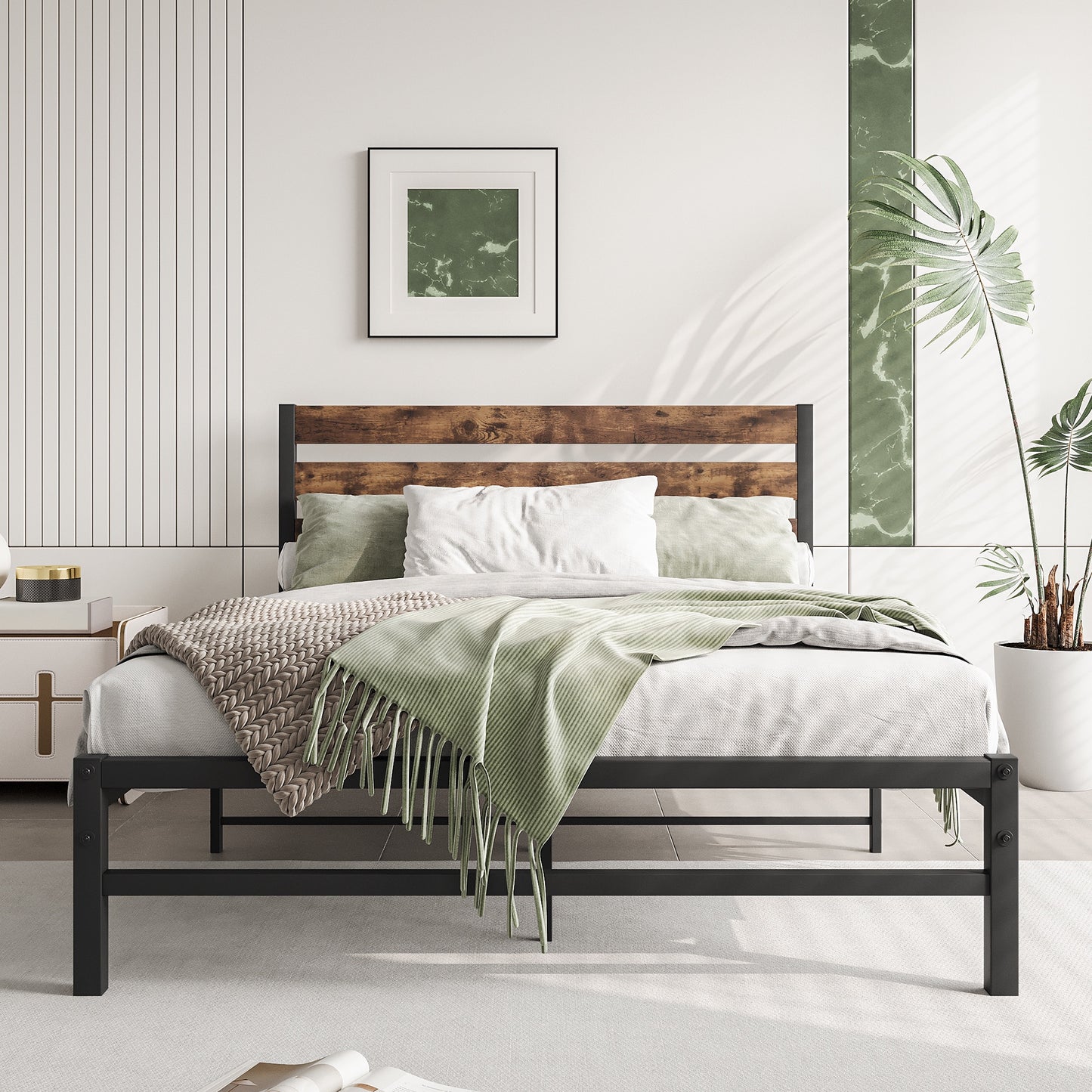 iRerts Full Bed Frame with Headboard, Metal Platform Bed Frame No Box Spring Needed, Bed Frame Full Size with Metal Support,  Noise-Free, Under Bed Storage, Easy Assembly, Rustic Brown