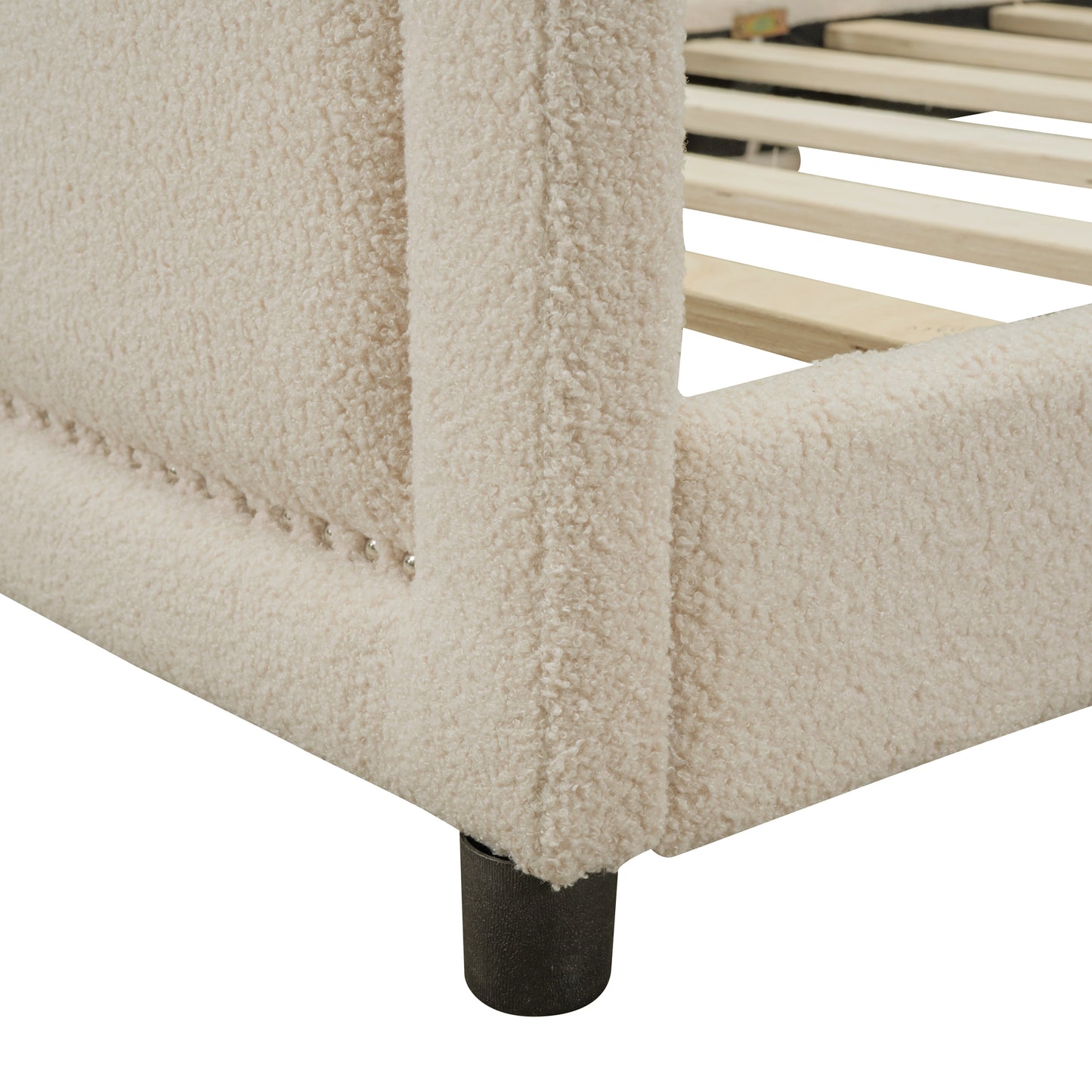 iRerts Twin Size Upholstered Daybed Frame for Kids, Teddy Fleece Twin Platform Bed Frame with OX Hor Shaped Headboard and Footboard, Wood Twin Size Sofa Bed for Girls Boys, Beige