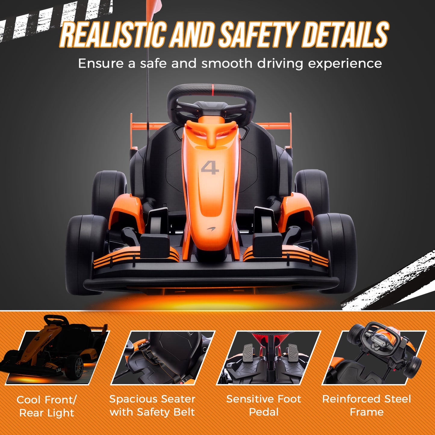 36V Go Kart for Kids Ages 6+, Licensed McLaren Electric Drift Kart Car Ride on Toys for Big Kids, Crazy Go Cart with Dual 250W Motors, Adjustable Seat, 7.5MPH, LED Lights