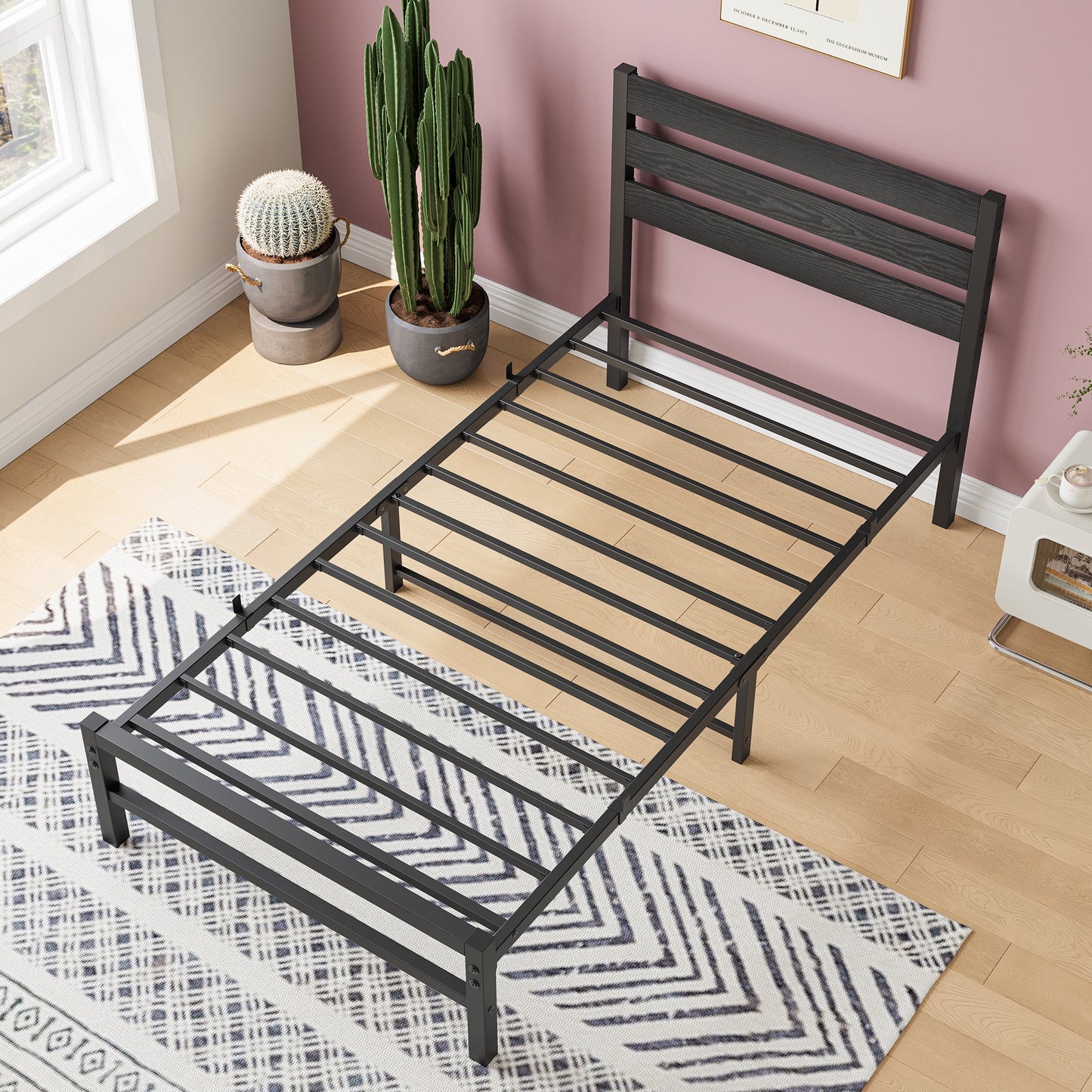 iRerts Twin Bed Frame with Headboard, Metal Platform Bed Frame No Box Spring Needed, Bed Frame Twin Size with Metal Support,  Noise-Free, Under Bed Storage, Easy Assembly, Black