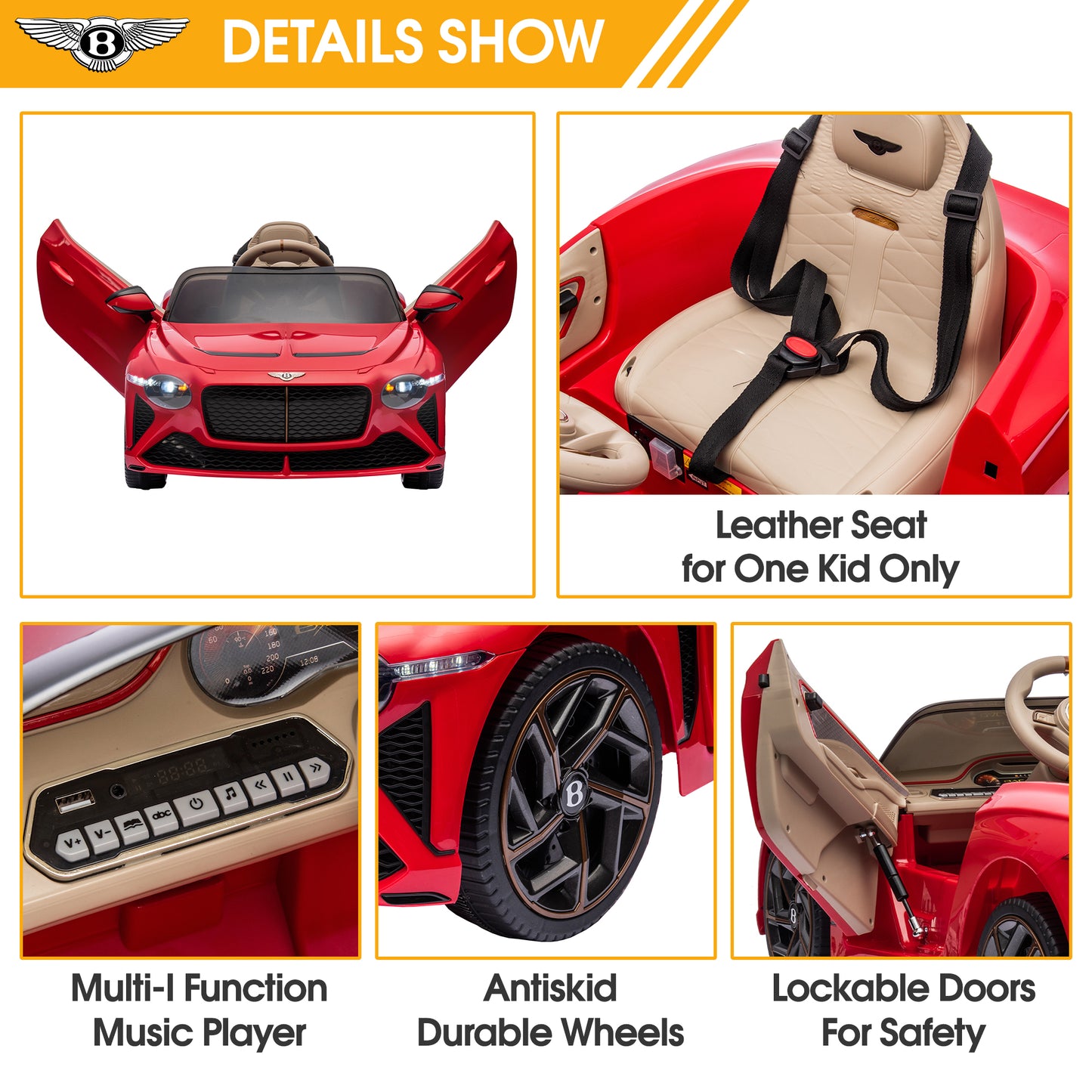 12V Ride On Car with Remote Control, Licensed Bentley Mulsanne Kids Electric Car with Bluetooth, Music, USB, MP3, LED Light, Battery Powered Electric Ride On Vehicle for Boy Girl Birthday Gift, Red