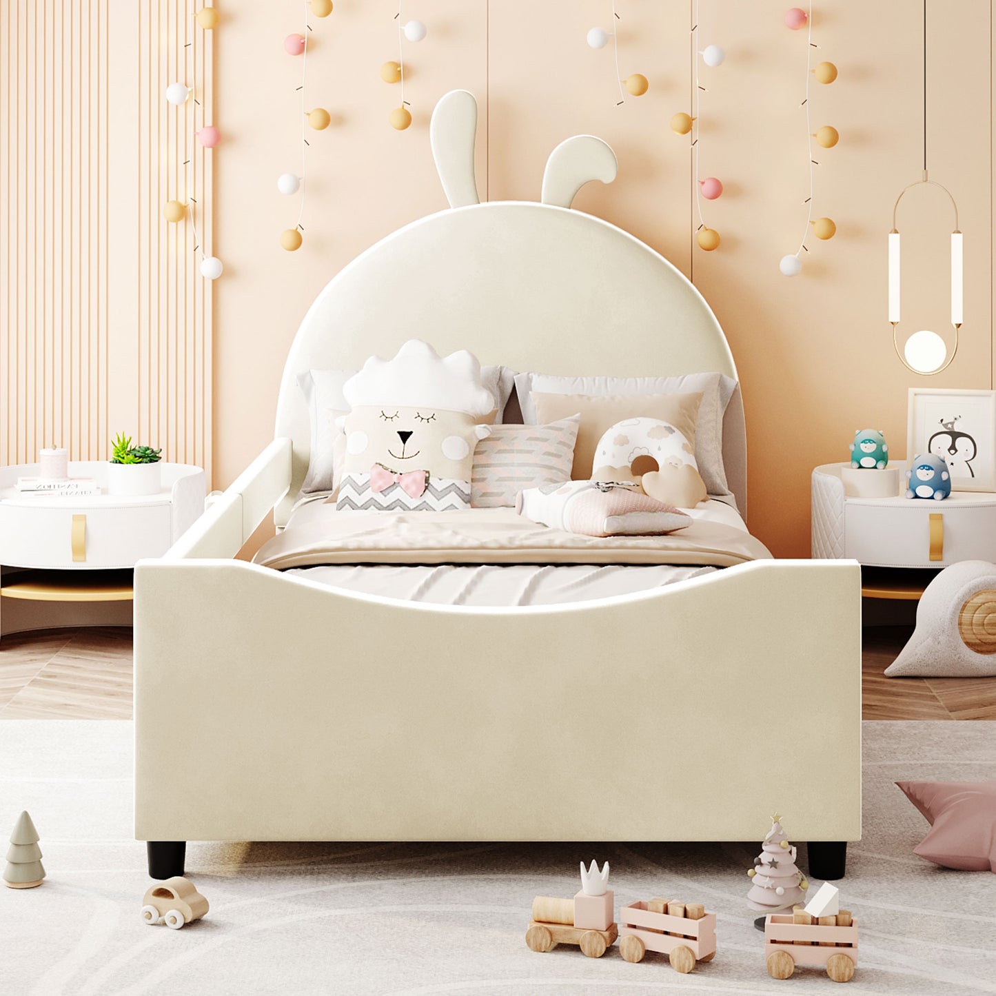 iRerts Upholstered Twin Daybed Frame for Kids, Velvet Twin Platform Bed Frame with Rabbit Ear Shaped Headboard and Footboard, Wood Twin Size Sofa Bed for Girls Boys, Beige