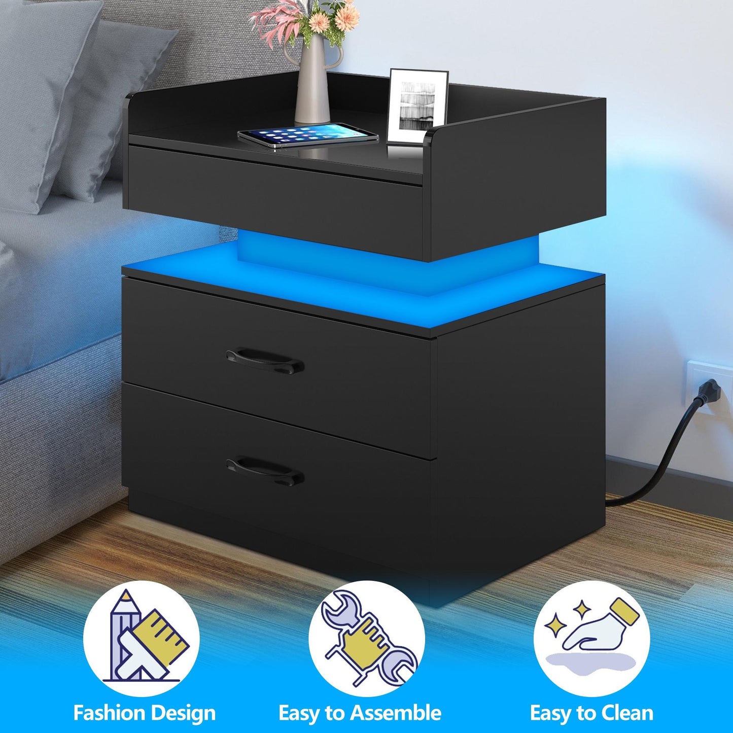 iRerts Bedside Table with Charging Station, Wood High Gloss Nightstand for Bedroom with Plug Outlet, 2 USB Ports, 2 Drawers, 16 LED Lights, Modern Night Stands End Side Table for Bedroom Office, Black
