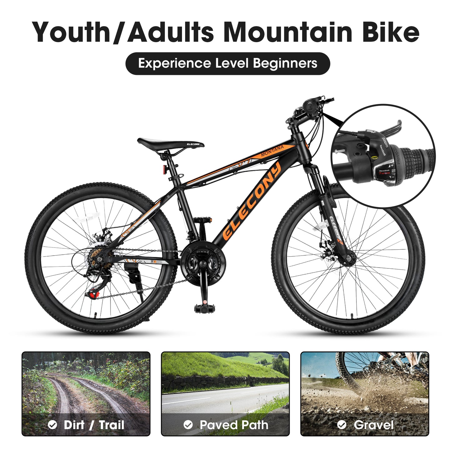 Mountain Bike, iRerts 24 Inch Mens Mountain Bike for Adults Youth, Shimano TZ500 21 Speed Mens Bicycle MTB with Disc Brake, Adult Bicycles for Men Women, Black