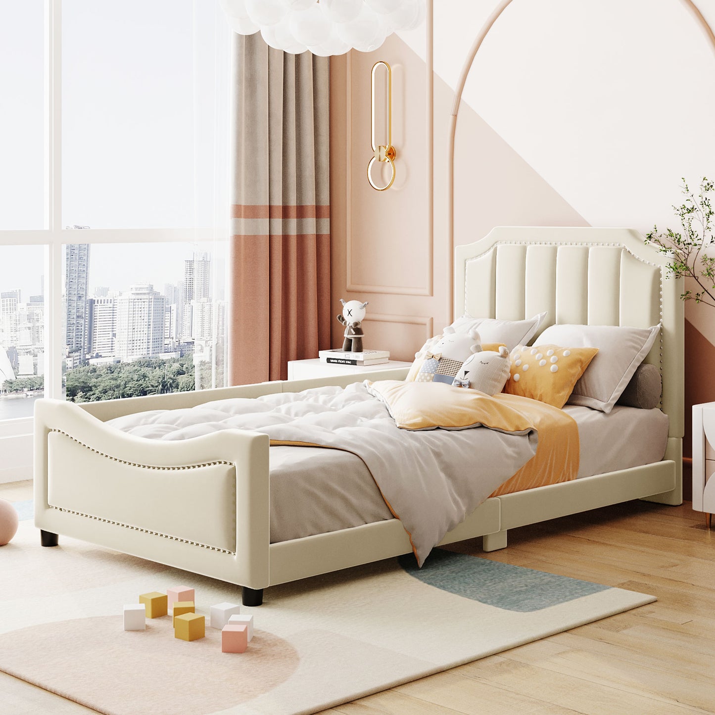 iRerts Upholstered Twin Platform Bed Frame, Velvet Twin Daybed Frame with Classic Stripe Shaped Headboard and Footboard, Wood Twin Size Sofa Bed for Kids Girls Boys, No Box Spring Needed, Beige