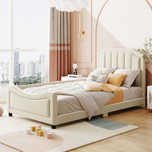 iRerts Upholstered Twin Platform Bed Frame, Velvet Twin Daybed Frame with Classic Stripe Shaped Headboard and Footboard, Wood Twin Size Sofa Bed for Kids Girls Boys, No Box Spring Needed, Beige