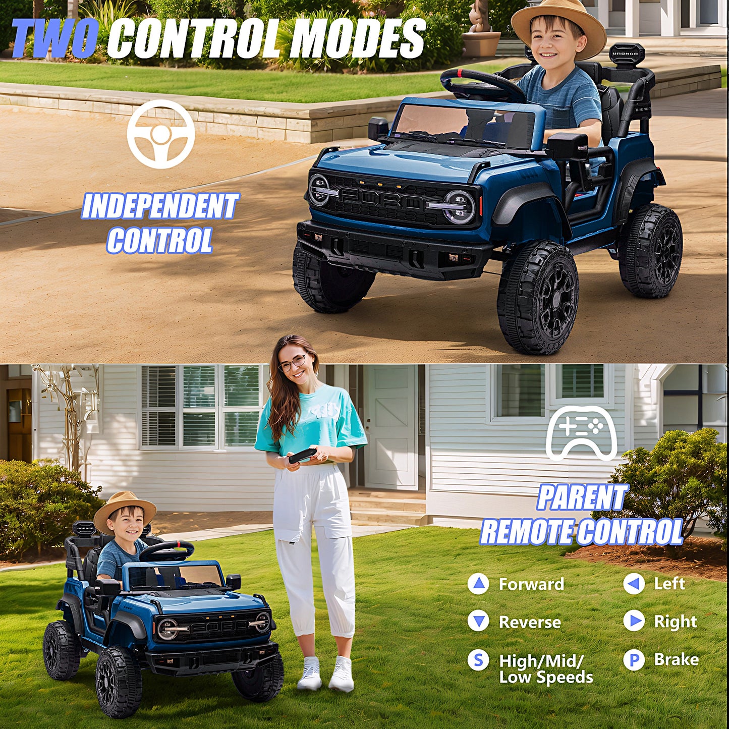 iRerts 12V Ride on Cars, Licensed Ford Bronco Raptor Toddlers Ride on Toys with Parental Remote Control, Bluetooth, FM Radio, LED Lights, Electric Car for Kids Boys Girls Ages 3-6,Blue