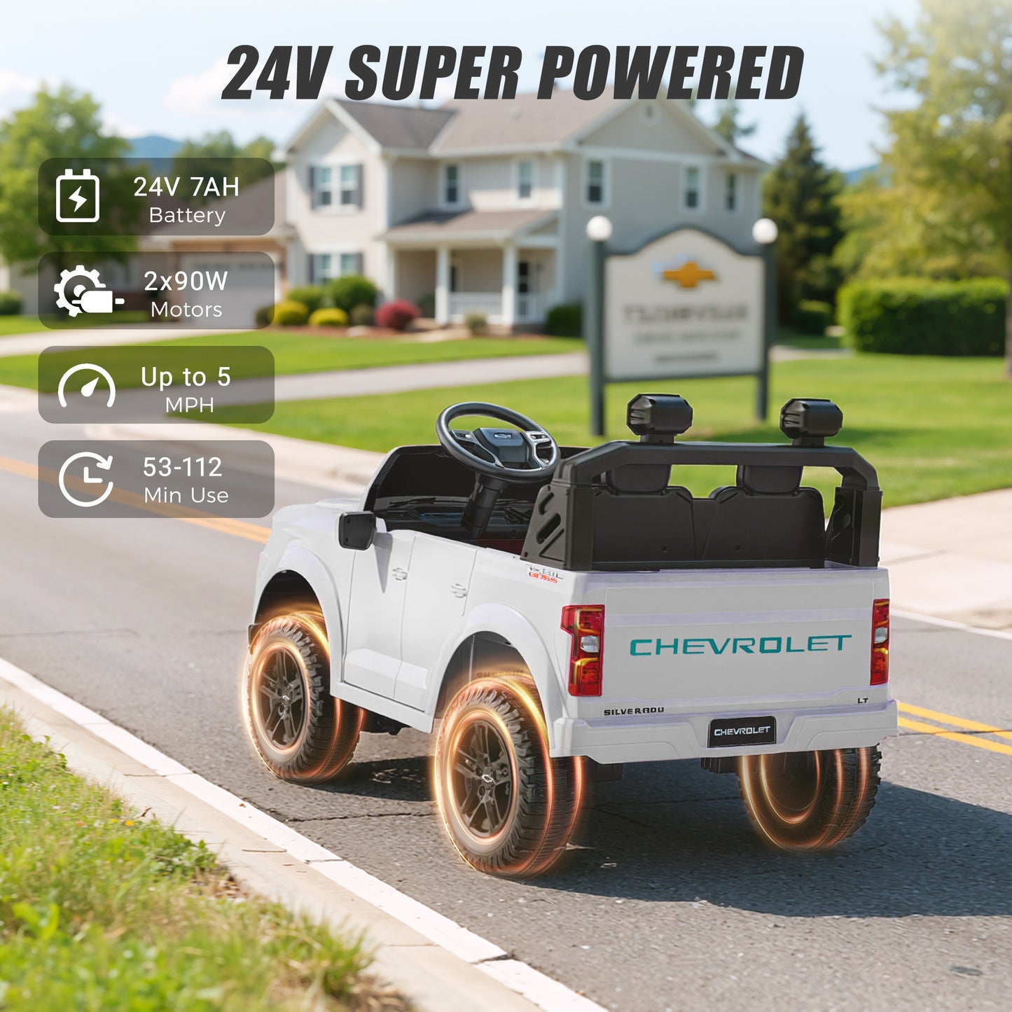 24V Powered Ride on Toys Car, Licensed Chevrolet Silverado 2 Seater Ride on Cars with Remote Control, Spring Suspension, LED Lights, Bluetooth Music, Toddler Electric Car for Kids Ages 3+, White