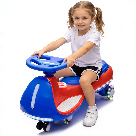 12V Electric Wiggle Car, Powered Ride on Toys for Kids with Flashing PU Wheels, Bluetooth Music, 2-in-1 Swing Car Kids Electric Vehicles for Boys Girls Ages 3+, Blue+Red