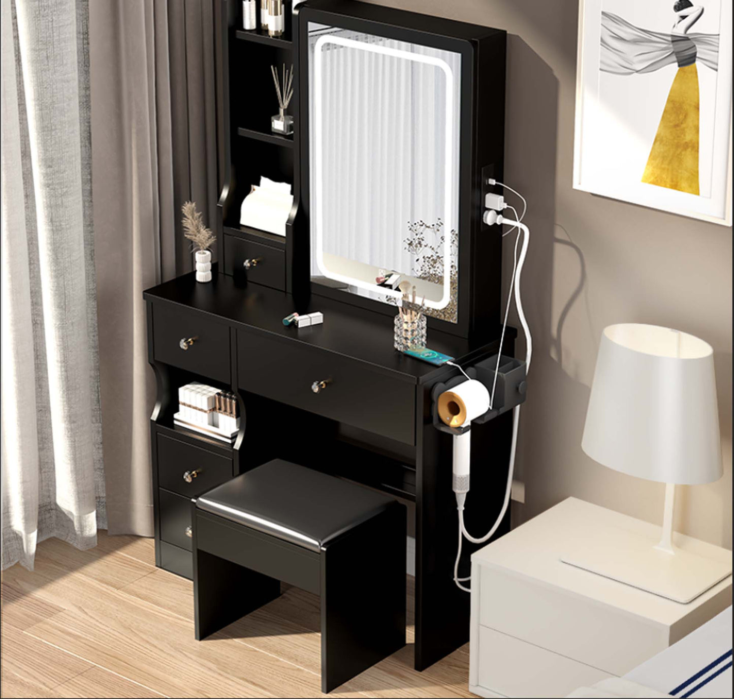 iRerts Vanity Desk with Chair, Makeup Vanity Set with LED Mirror, 2 AC+2 USB Power Station, Brightness Adjustable, Shelf, Drawers, Makeup Vanity Desk Dressing Table Set for Bedroom Small Space, Black