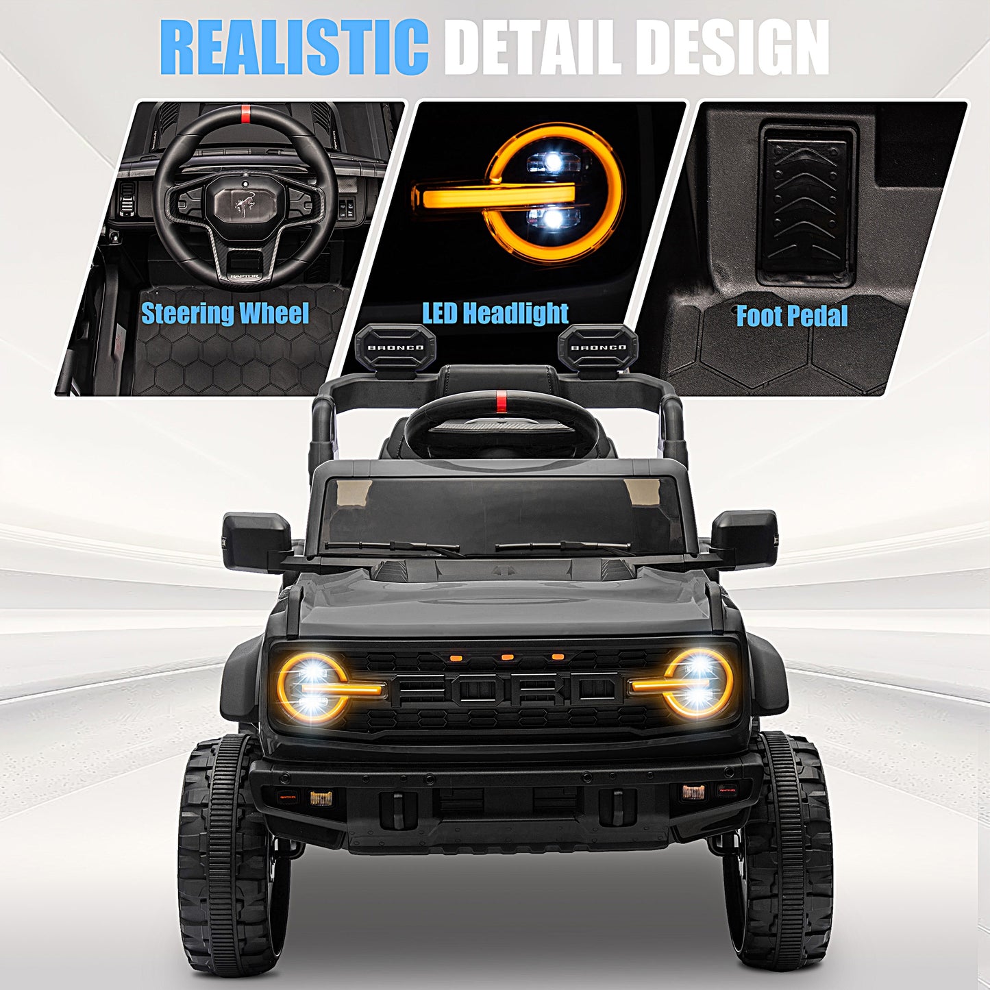 iRerts 12V Ride on Cars, Licensed Ford Bronco Raptor Toddlers Ride on Toys with Parental Remote Control, Bluetooth, FM Radio, LED Lights, Electric Car for Kids Boys Girls Ages 3-6,Black