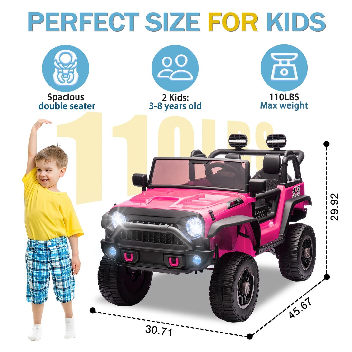 iRerts 24V 2 Seater Ride on Car, Powered Ride on Toys for Bid Kids Boys Girls Gifts, Kids Car Electric Vehicle with Remote Control, Music, Bluetooth, LED Light, USB/MP3 Port, 4 Wheel Suspension, Pink