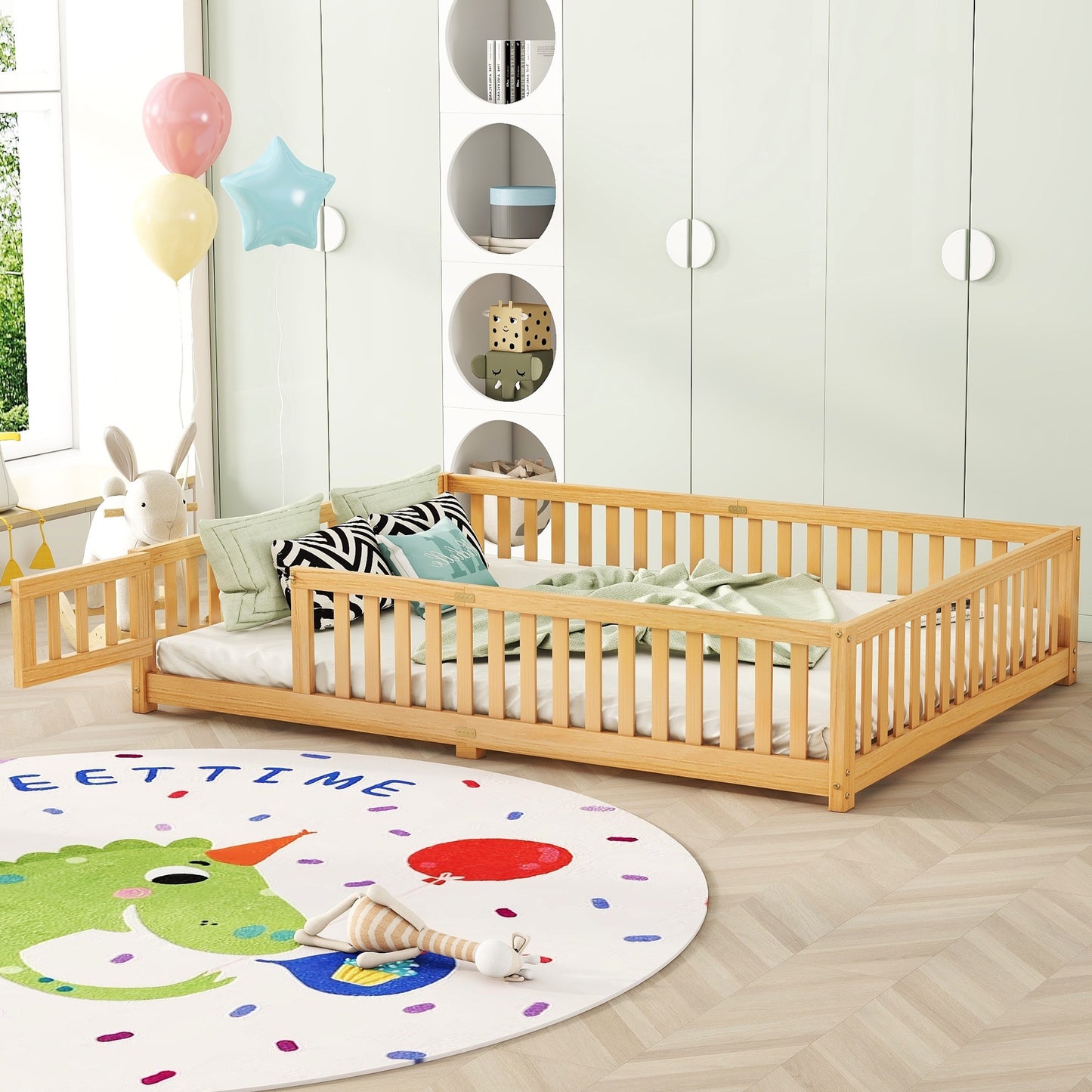 iRerts Queen Floor Bed Frame for Toddlers Kids, Wood Queen Montessori Bed Frame with Slats, Fence, Door, Kids Montessori Bed Queen Size, Queen Toddler Bed Frame for Boys Girls, Natural