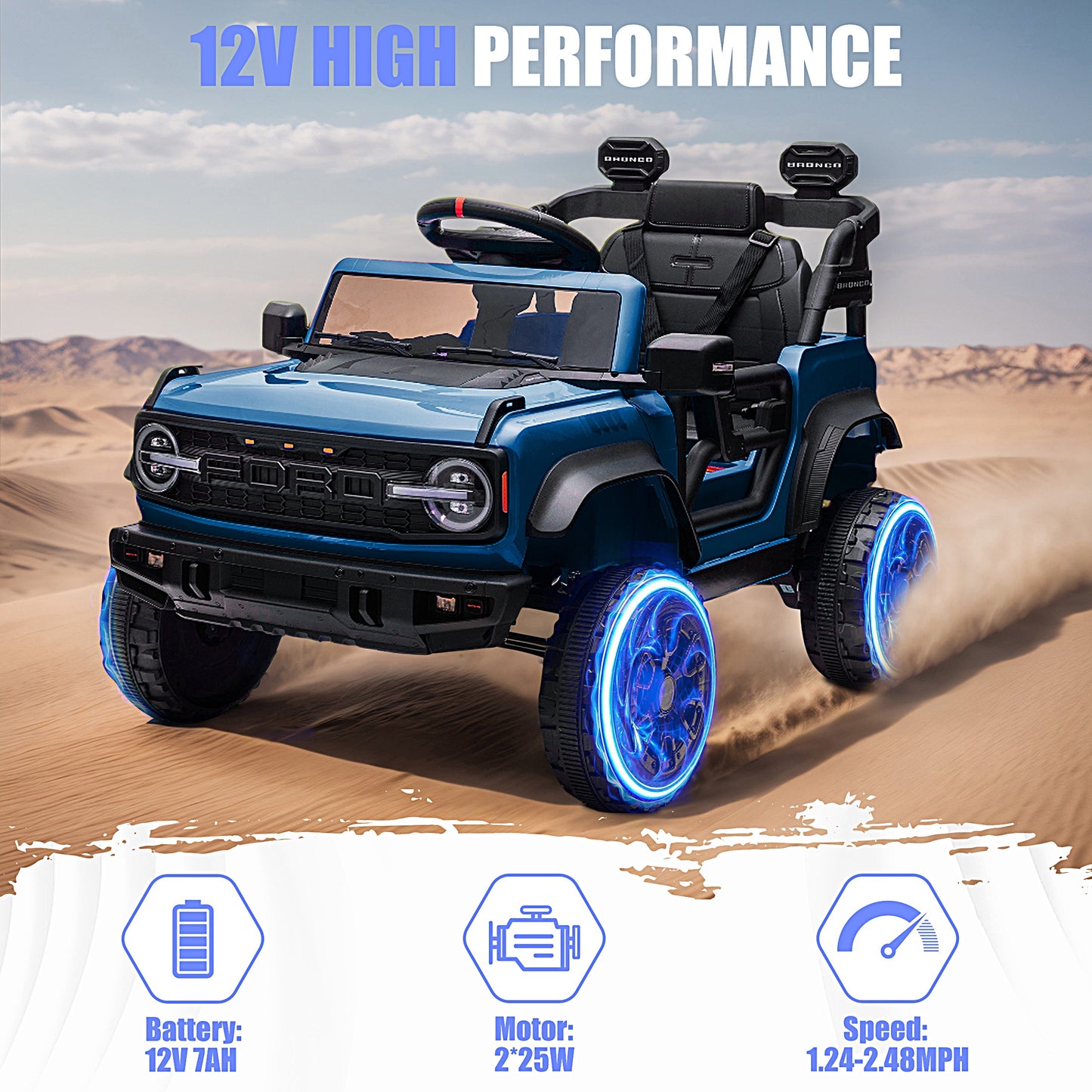 iRerts 12V Ride on Cars, Licensed Ford Bronco Raptor Toddlers Ride on Toys with Parental Remote Control, Bluetooth, FM Radio, LED Lights, Electric Car for Kids Boys Girls Ages 3-6,Blue