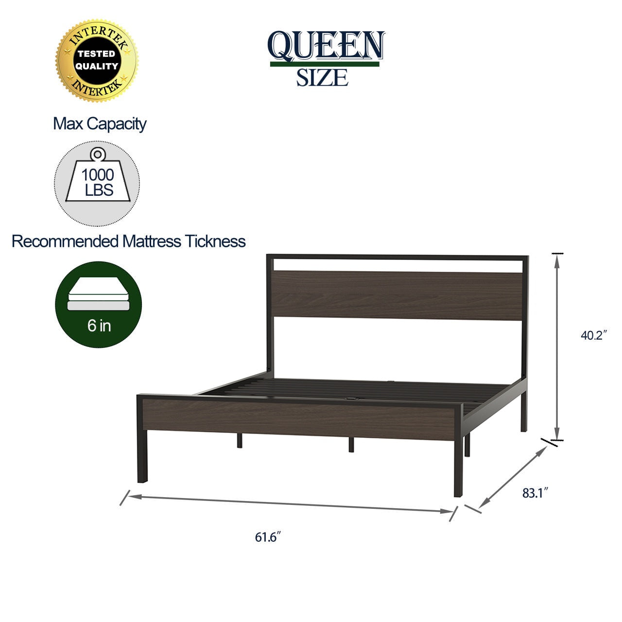 iRerts Queen Platform Bed Frame with Headboard, Industrial Metal Queen Bed Frame with Slat Support, Modern Bed Frame Queen Size for Adults Teens Kids Bedroom, No Box Spring Needed, Black