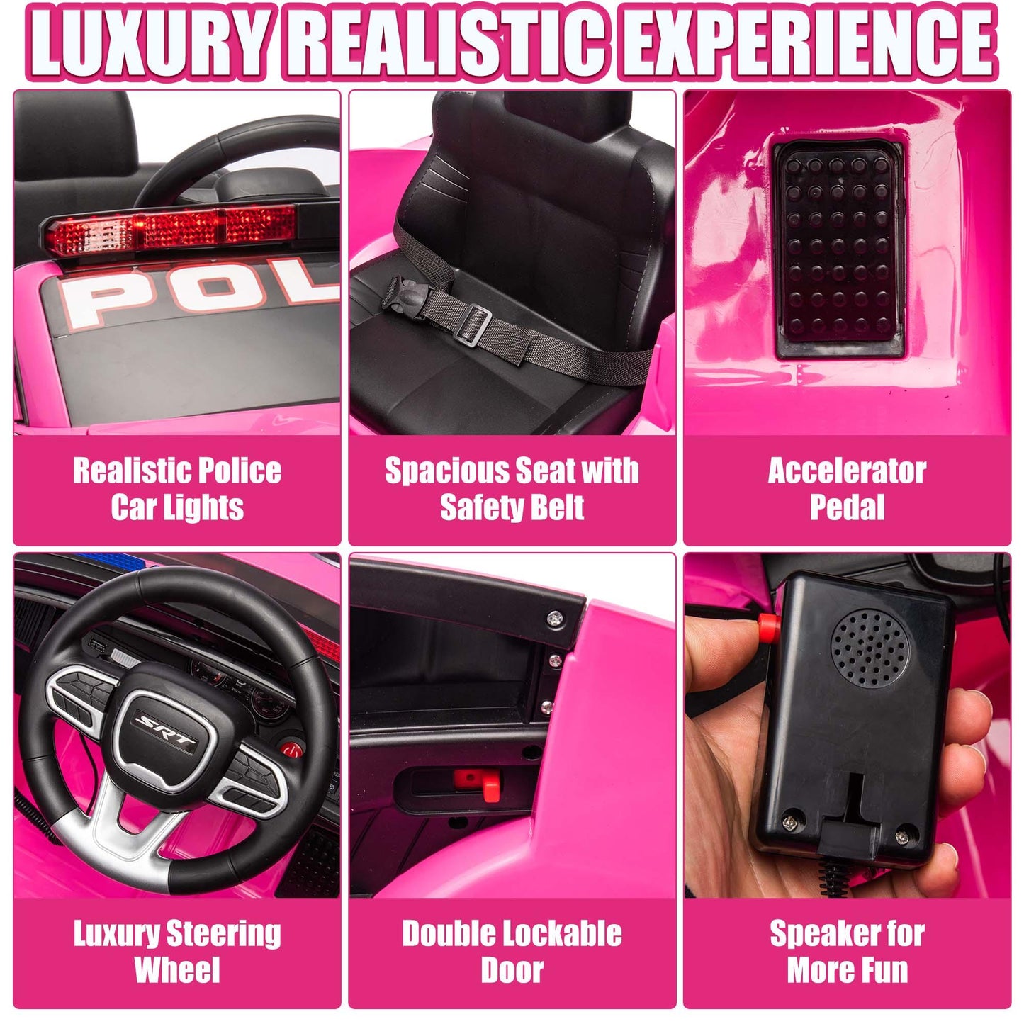 Dodge Charger 12V Ride on Police Cars, Battery Powered Ride on Toy Car with Remote Control for Boys Girls Gifts, Electric Car for Kids with Bluetooth, Music Player, LED Lights, 3 Speeds, Pink