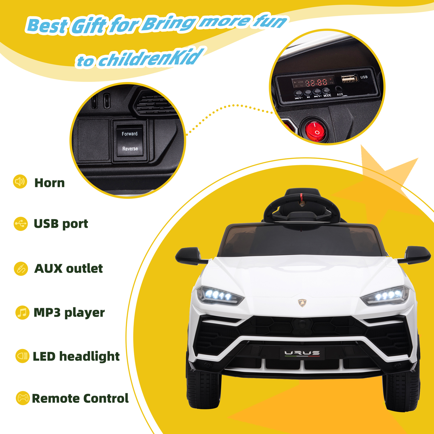Licensed Lamborghini Ride on Car with Remote Control Kids Ride on Toy for Girls and Boys 12V Powered Electric Vehicles for 3-5 Years Old, USB, Ride on Truck, Headlight