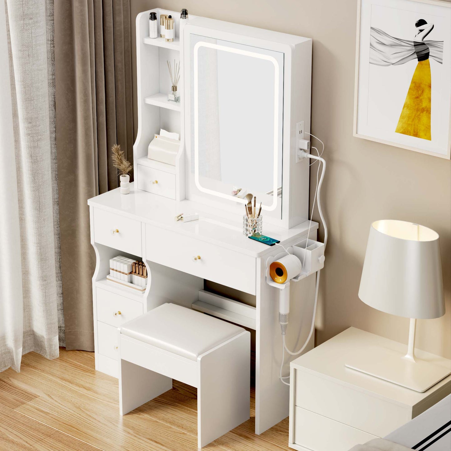 iRerts Vanity Desk with Chair, Makeup Vanity Set with LED Mirror, 2 AC+2 USB Power Station, Brightness Adjustable, Shelf, Drawers, Makeup Vanity Desk Dressing Table Set for Bedroom Small Space, White
