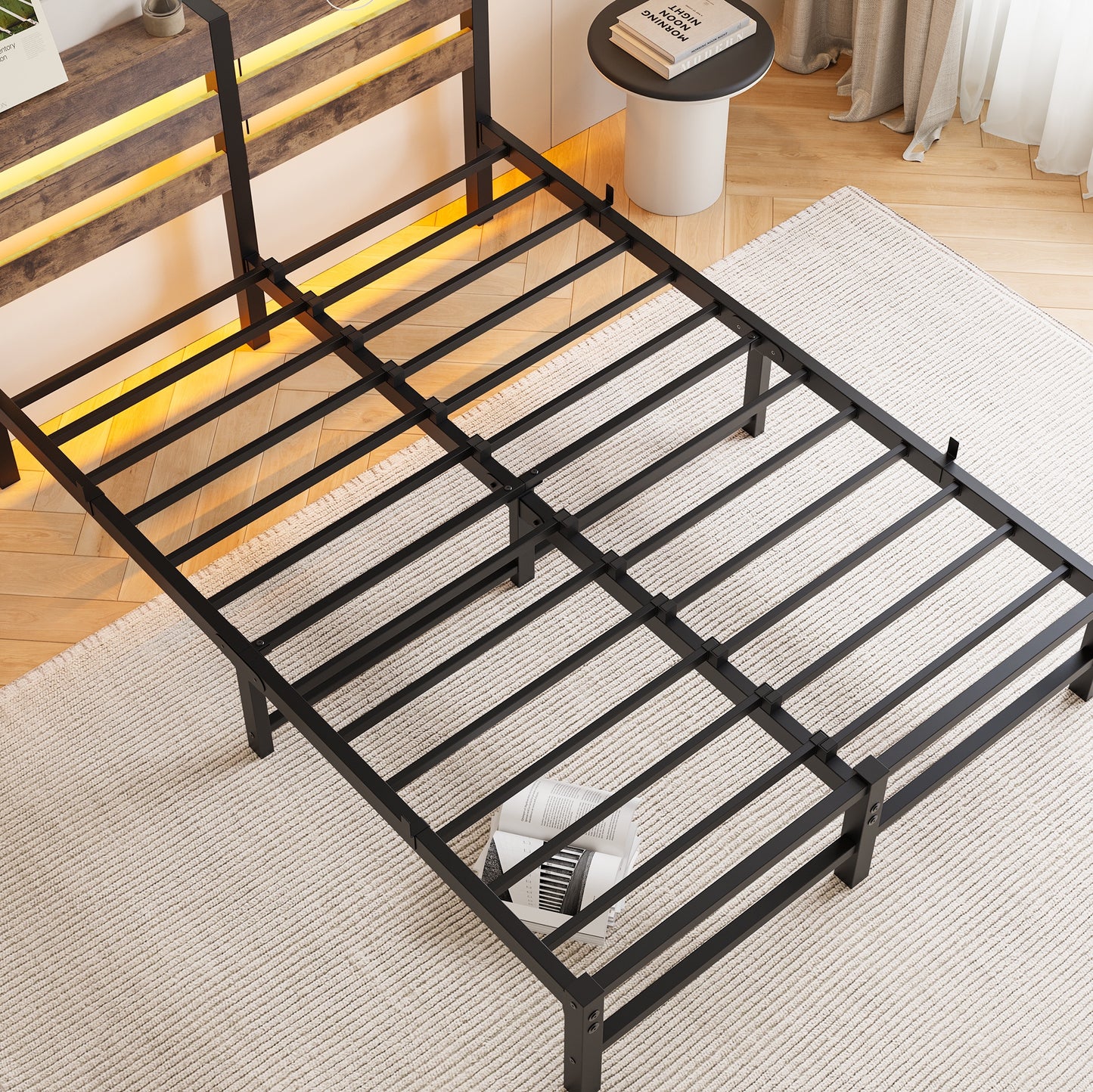 iRerts Full Bed Frame with Headboard, Metal Platform Bed Frame Full Size with USB Charging Station, LED Lights, Steel Slats, LED Bed Frame No Box Spring Needed for Bedroom Furniture, Brown