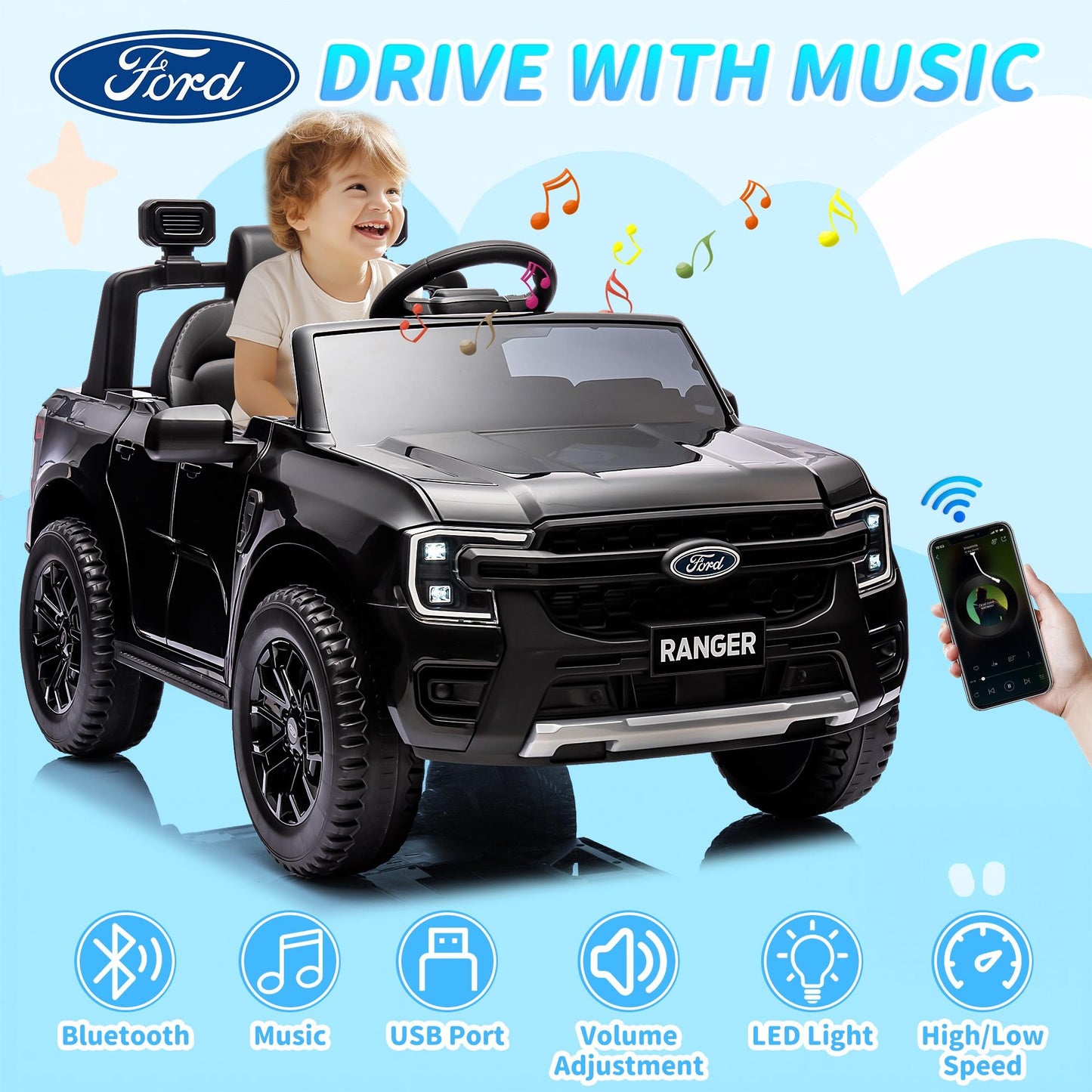 iRerts Black 12V Ford Ranger Powered Ride on Car with Remote Control, Kids Electric Car for Boys Girls 3-6 Ages, Kids Ride on Toys with Bluetooth, Music, USB Port, Horn, LED Lights