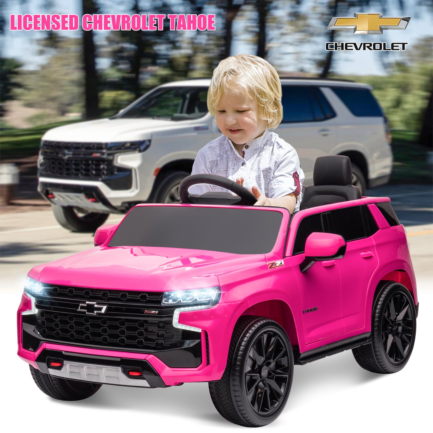 iRerts 12V Ride On Toys with Remote Control, Licensed Chevrolet Tahoe Kids Ride on Cars with Music, LED Lights, MP3/USB/AUX Port, Kids Electric Vehicle for Boys Girls, Pink