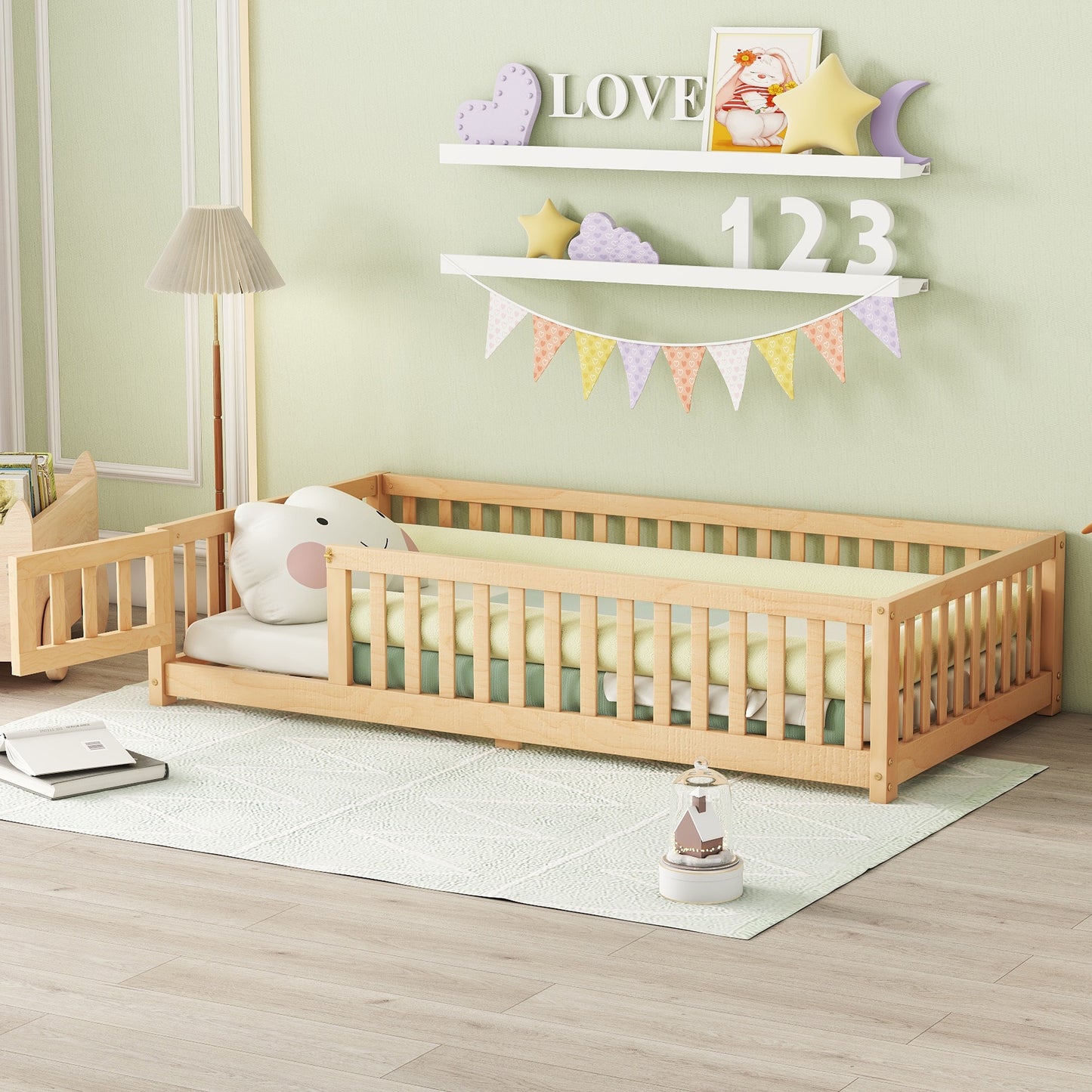 iRerts Twin Floor Bed Frame for Toddlers Kids, Wood Twin Montessori Bed Frame with Slats, Fence, Door, Kids Montessori Bed Twin Size, Twin Toddler Bed Frame for Boys Girls, Natural