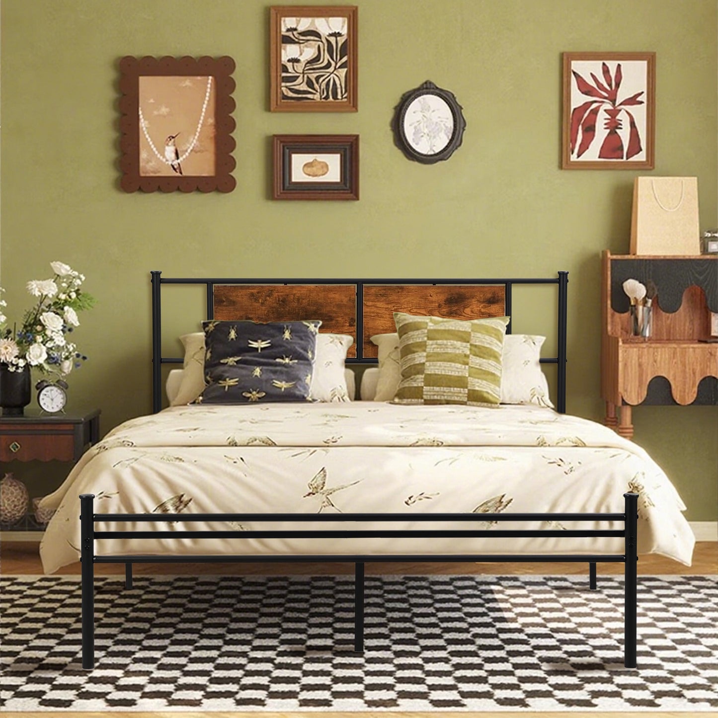 Bed Frame with Headboard, Metal Platform Bed Frames with 14.02" Storage for Adults Teens, Industrial Rustic Bed Frame Bedroom Furniture, No Box Spring Needed, Black