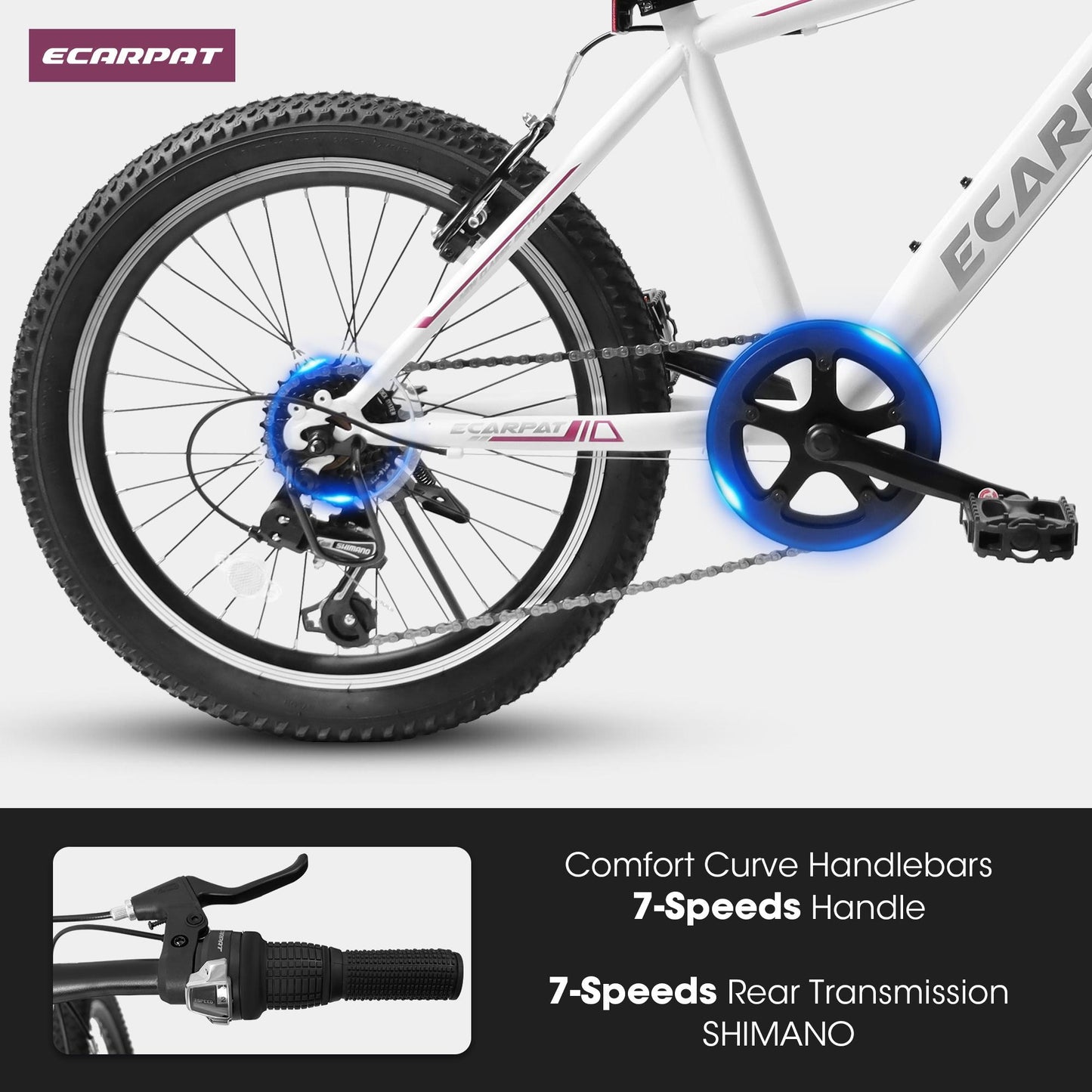 iRerts 20" Kids Bike for 8-12 Year Olds Boys Girls, Gears Shimano 7 Speed Mountain Bike for Kids, Children Bicycle with Adjustable Seat Saddle, Steel Frame Girls Boys Sports Bikes with V-Brake, White
