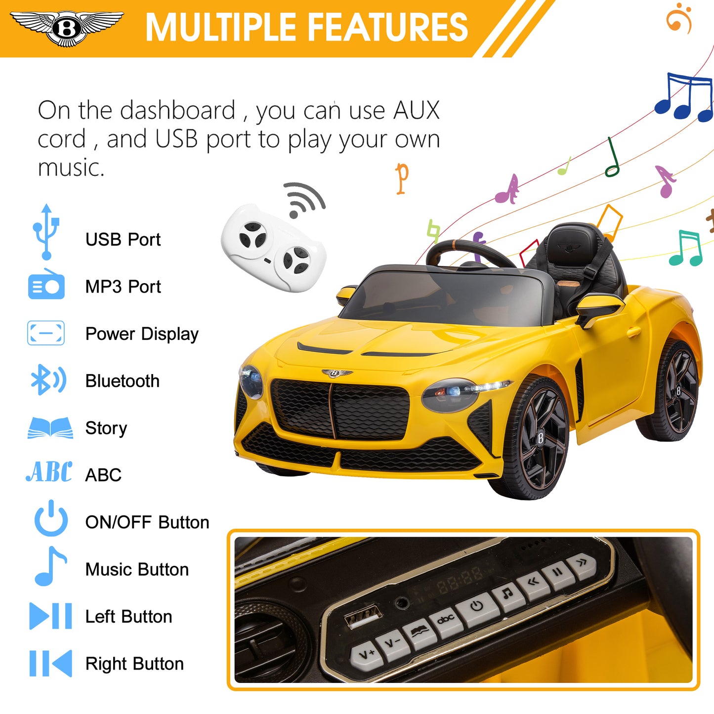 Bentley Mulsanne 12V Ride On Cars with Remote Control, Battery Powered Kids Ride on Toys, Ride On Vehicle with Bluetooth, Music, USB, MP3, Light, Electric Car for Kids Boys Girls Birthday Gift, Yellow