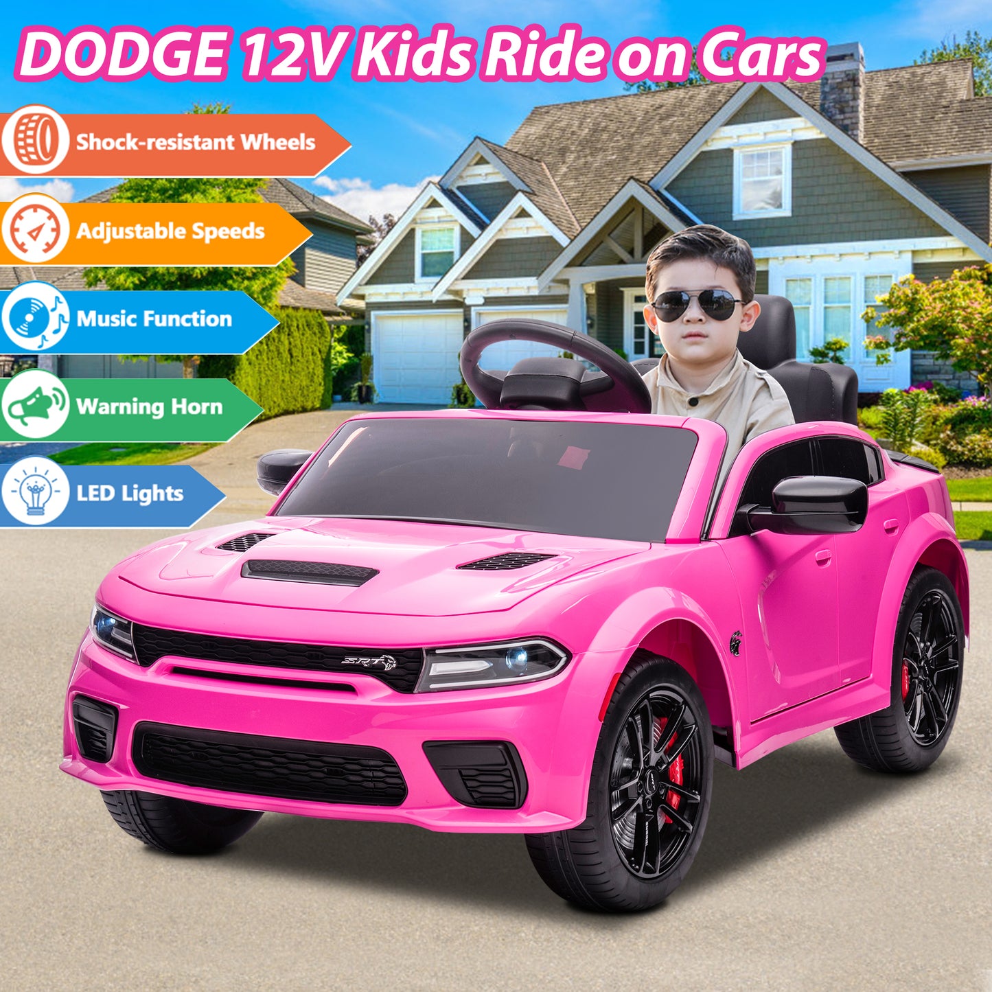 iRerts 12V Pink Dodge Charger Ride On Cars with Remote Control,  Kids Ride on Toys with Bluetooth, Music, LED Light, USB, MP3, 4 Wheel Suspension, Electric Cars for Kids Boys Girls Birthday Gifts