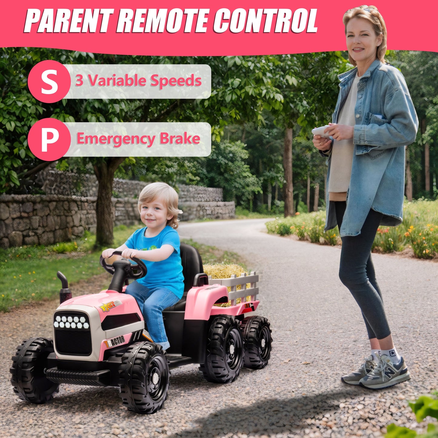 Powered Ride on Toy Tractor, 24V Kids Ride on Car with Remote Control, Electric Vehicles for Kids Toddlers 3-6 Years with 3 Speeds, Bluetooth, Music Player, LED Light, Rear Wheel Suspension, Pink