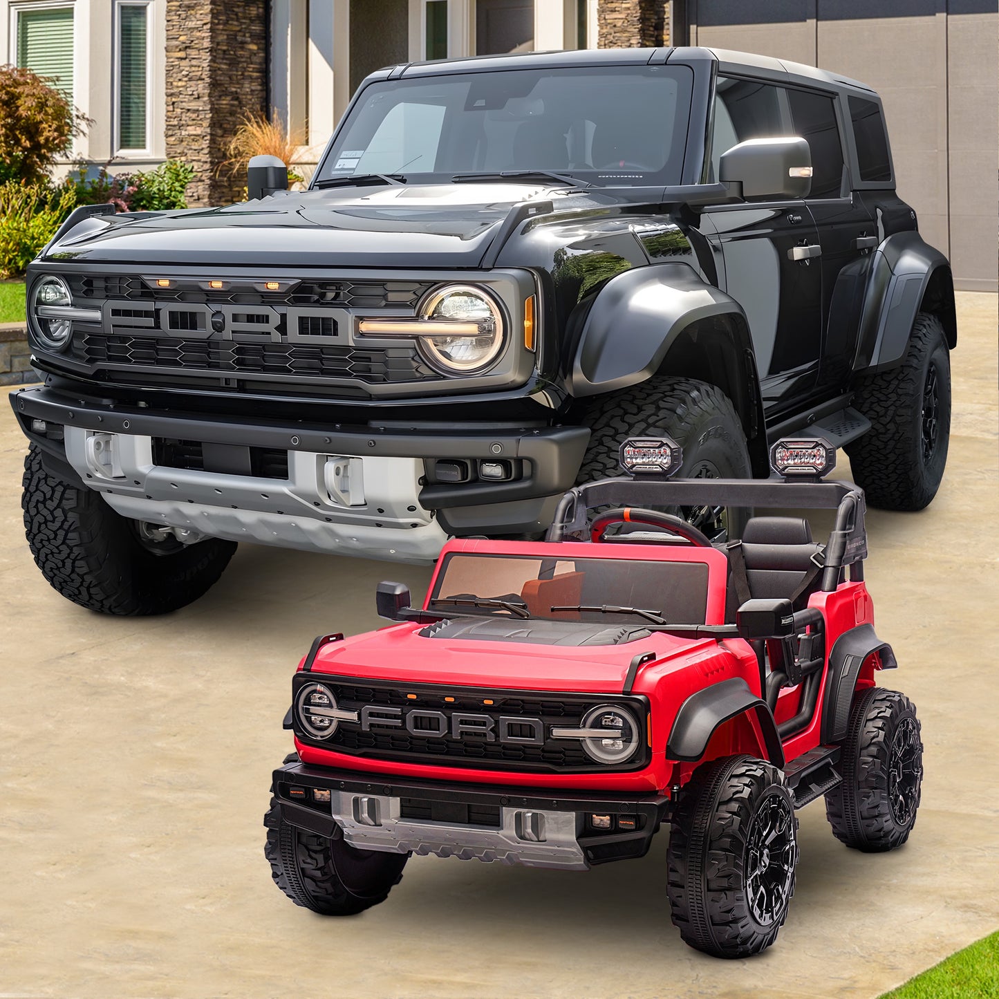 24V 2 Seater Ride on Toy Car, Licensed Ford Bronco Raptor Ride on Trucks with Remote Control, Bluetooth Music Player, Spring Suspension, Battery Powered Electric Car for Kids Boys Girls Ages 3-8, Red