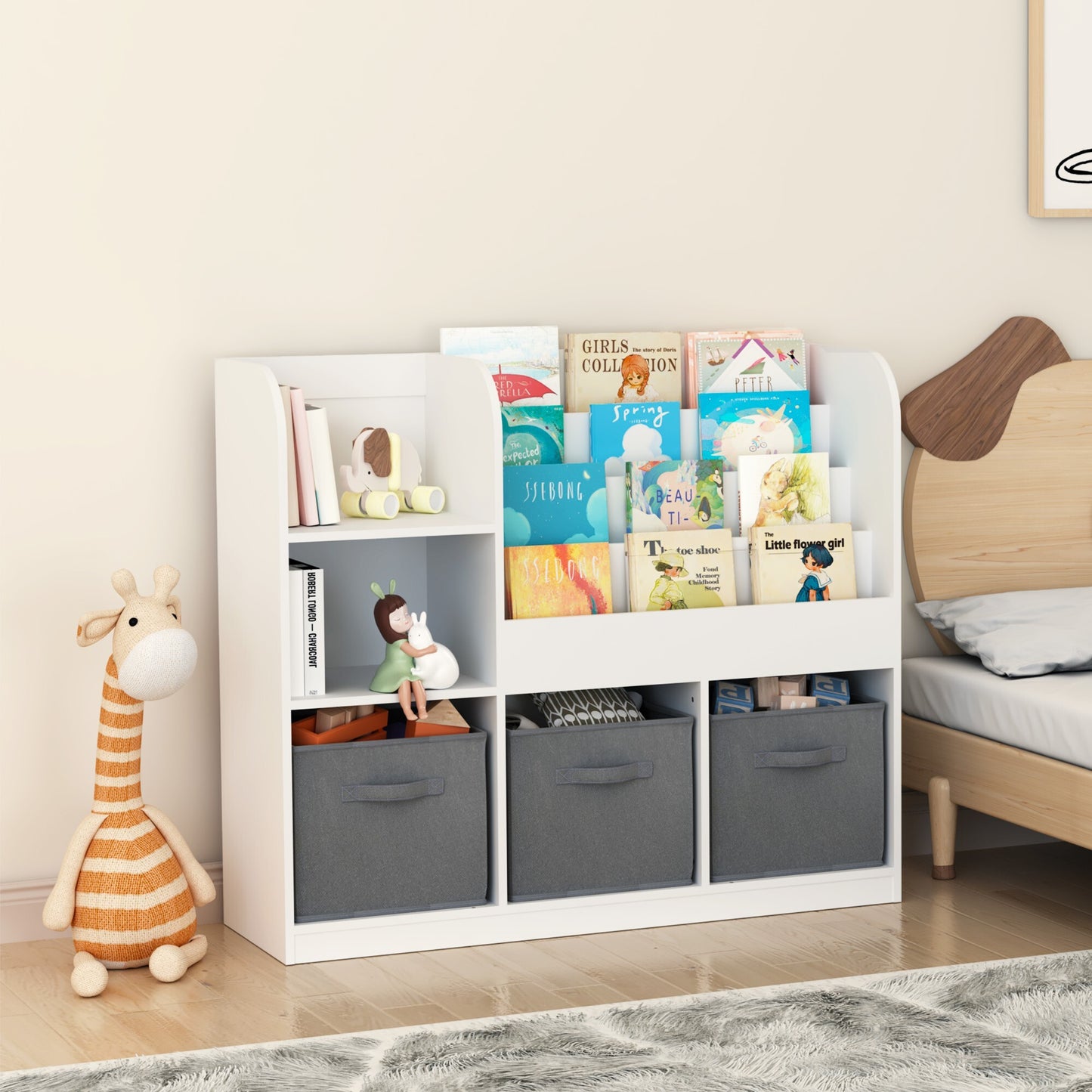 Kids Bookshelf and Toy Storage Organizer with 3 Drawers, Wooden Cube Bookcase for Children Toddlers with 4 Tier Book Display Shelf, for Kids Baby Room, Bedroom, Living Room, White