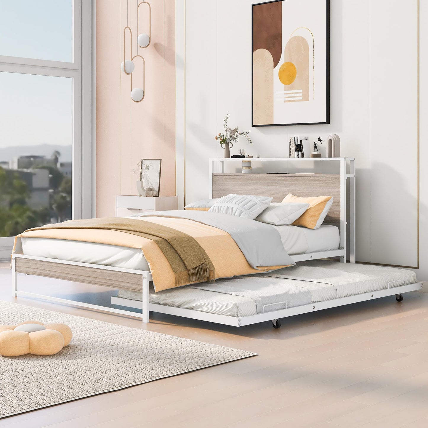 Full Size Metal Platform Bed Frame with Twin Size Trundle, Full Size Bed Frame with Storage Headboard, Outlet/USB Ports, Steel Slat Support, Full Bed Frame No Box Spring Needed for Bedroom, White