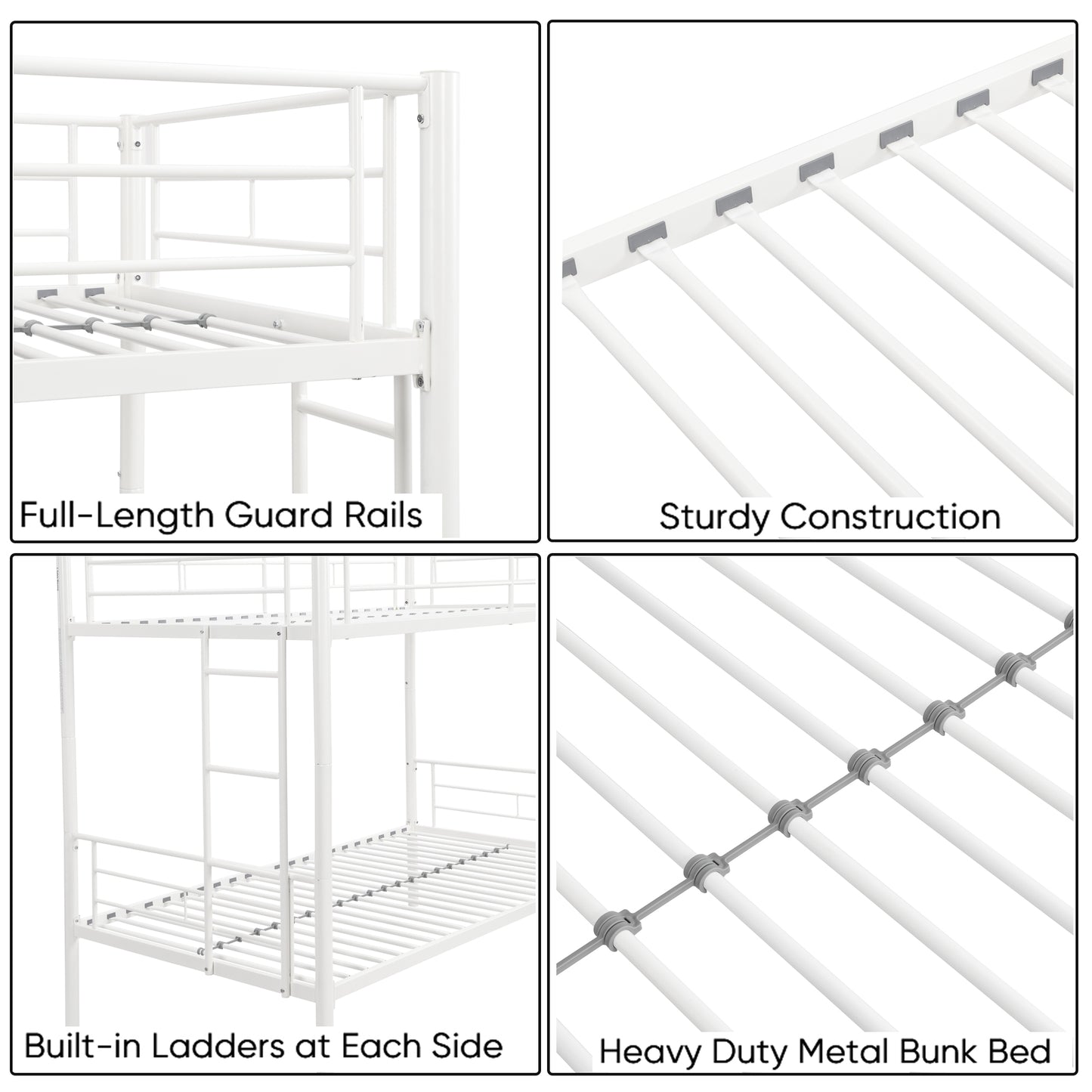 iRerts Metal Twin over Twin Bunk Bed, Convertible Bunk Beds Twin over Twin with 2 Ladders and Full-Length Guardrail, Modern Twin Bunk Beds for Adults Teens Kids Bedroom, No Box Spring Needed, White