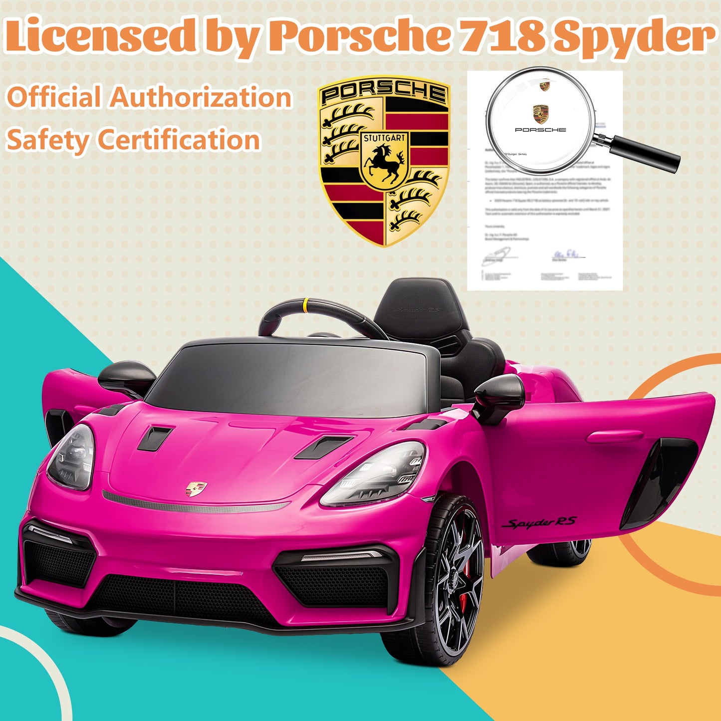 12V Kids Powered Ride on Car Toy, Electric Vehicle with Remote Control, Licensed Porsche 718 Spyder Sport Car for Grils Boys Ages 3-6, Bluetooth, 4 Wheel Suspension