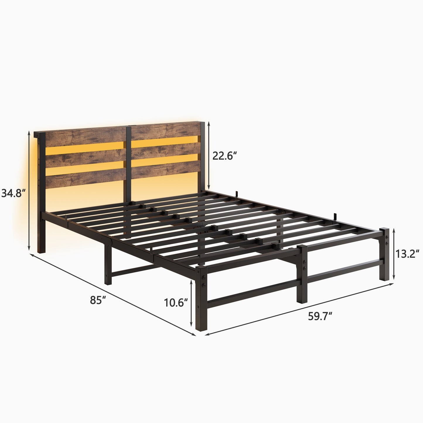 iRerts Queen Bed Frame with Headboard, Metal Platform Bed Frame Queen Size with USB Charging Station, LED Lights, Steel Slats, LED Bed Frame No Box Spring Needed for Bedroom Furniture, Brown
