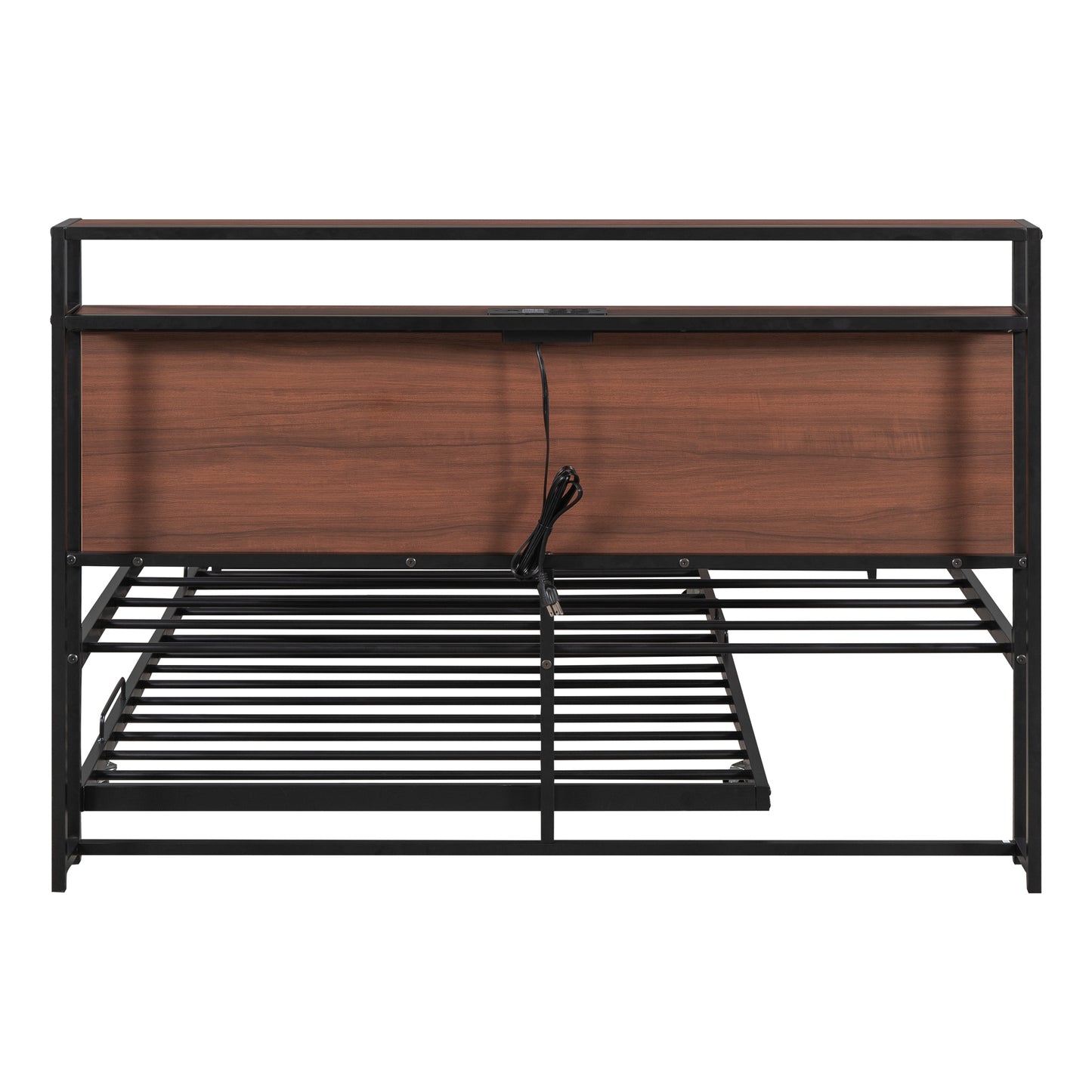 Full Size Metal Platform Bed Frame with Twin Size Trundle, Full Size Bed Frame with Storage Headboard, Outlet/USB Ports, Steel Slat Support, Full Bed Frame No Box Spring Needed for Bedroom, Black