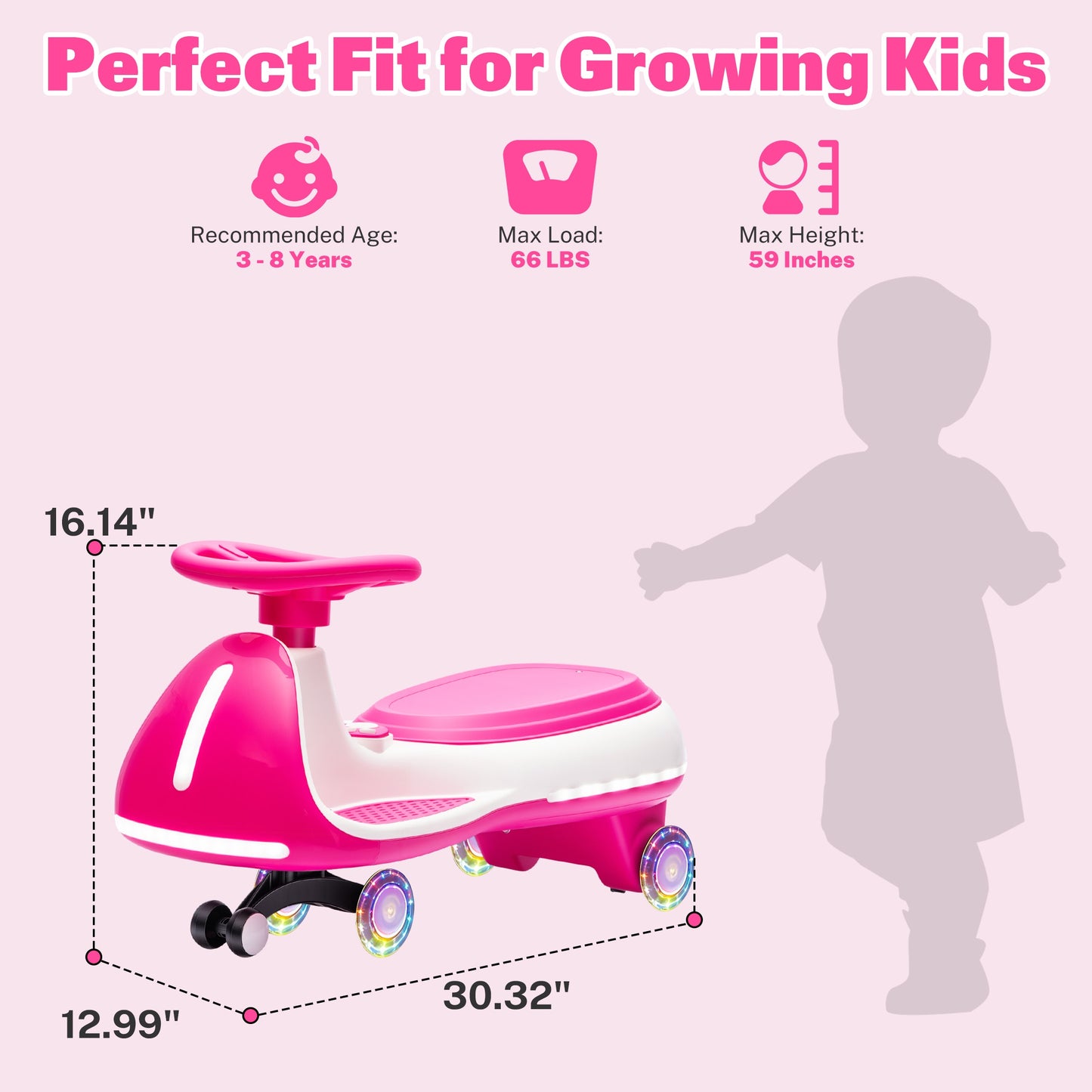 iRerts 12V Ride on Toys, Electric Ride on Wiggle Car with Pedal, 2 in 1 Swing Car Kids Wiggle Car for Toddlers Ages 3+, Kids Cars with Flashing PU Wheels, Bluetooth Music, 5MPH Max Speed, Rose Red