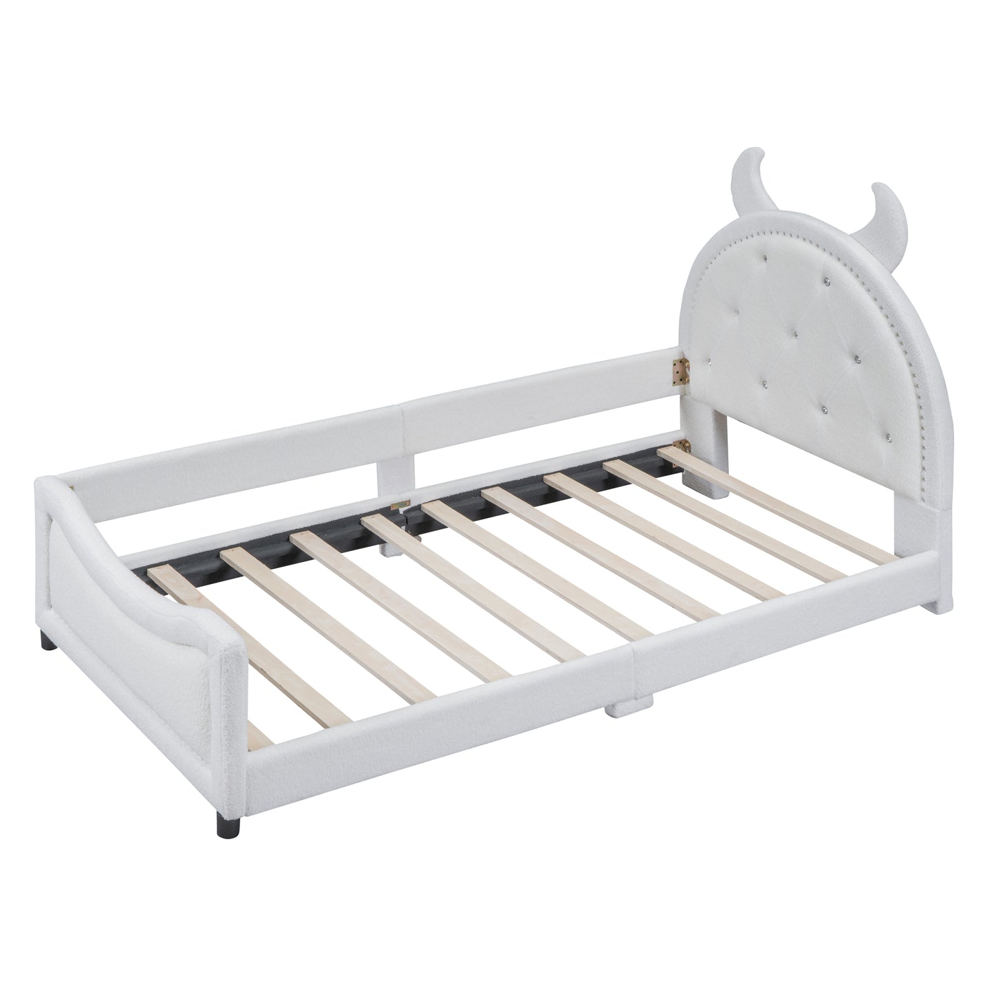 iRerts Twin Size Upholstered Daybed Frame for Kids, Teddy Fleece Twin Platform Bed Frame with OX Hor Shaped Headboard and Footboard, Wood Twin Size Sofa Bed for Girls Boys, White