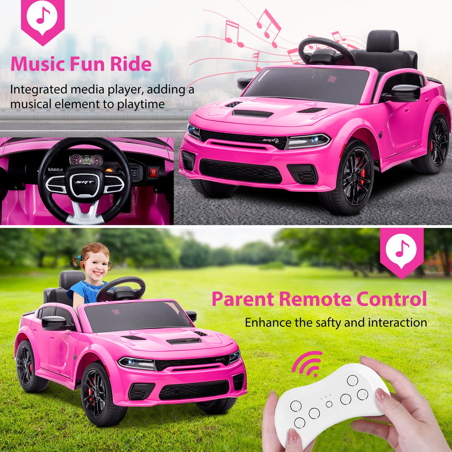Kids Electric Cars With Remote Control, Licensed Dodge Charger 12V Ride on Cars for Boys Girls, Battery Powered Ride on Toys with Bluetooth, USB, MP3, 4 Wheel Suspension, Pink