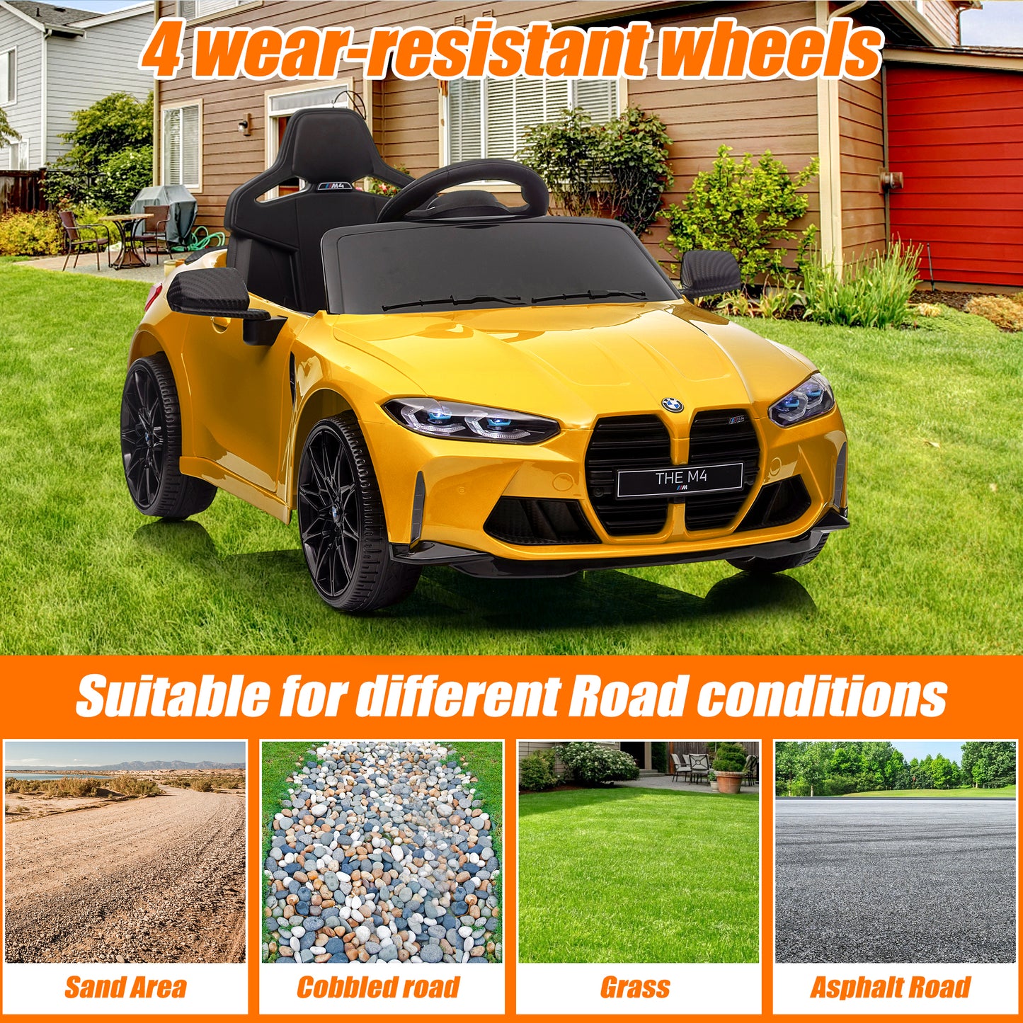 BMW M4 Red 12V Ride On Cars with Remote Control, Battery Powered Ride on Toys with Music, Bluetooth, Story, USB/MP3 Port, LED Light, Kids Electric Vehicle for Boys Girls with Wheels, Easy to Carry