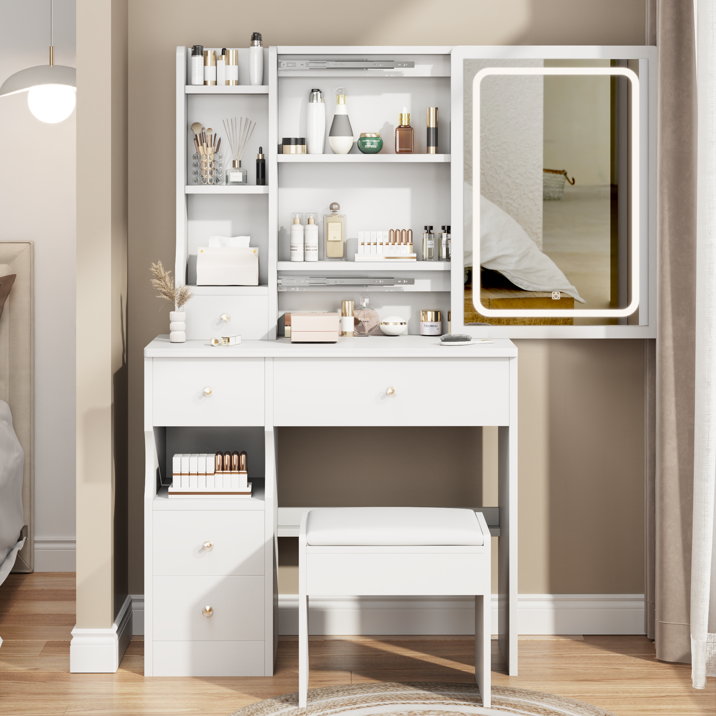iRerts Vanity Desk with Chair, Makeup Vanity Set with LED Mirror, 3 Lighting Modes Brightness Adjustable, Shelf and Drawers, Makeup Vanity Desk Dressing Table Set for Bedroom Small Space, White
