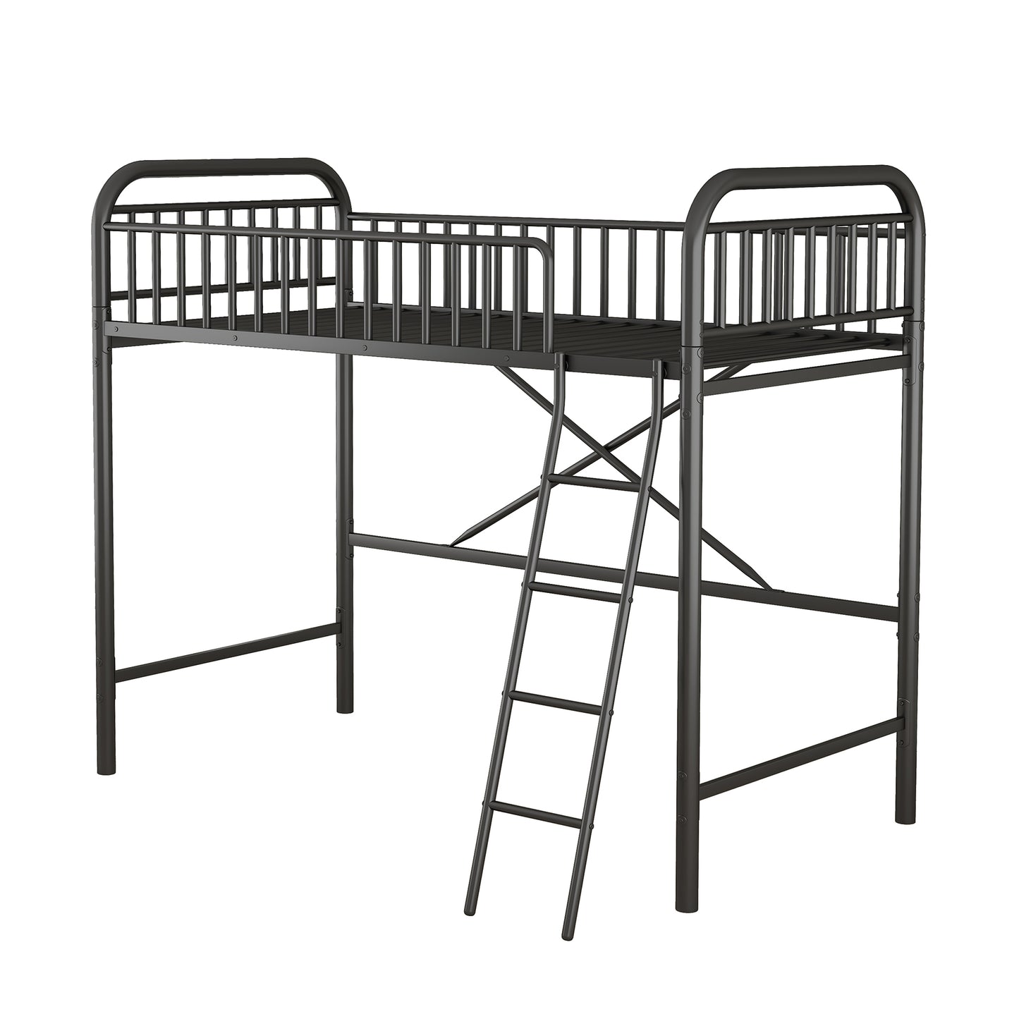 iRerts Black Loft Bed Twin Size, Twin Metal Loft Bed for Kids Teens, Twin Size Loft Bed with Ladder, Full-Length Guardrails, No Box Spring Needed, Modern Twin Loft Bed for Bedroom, Dorm, Guest Room
