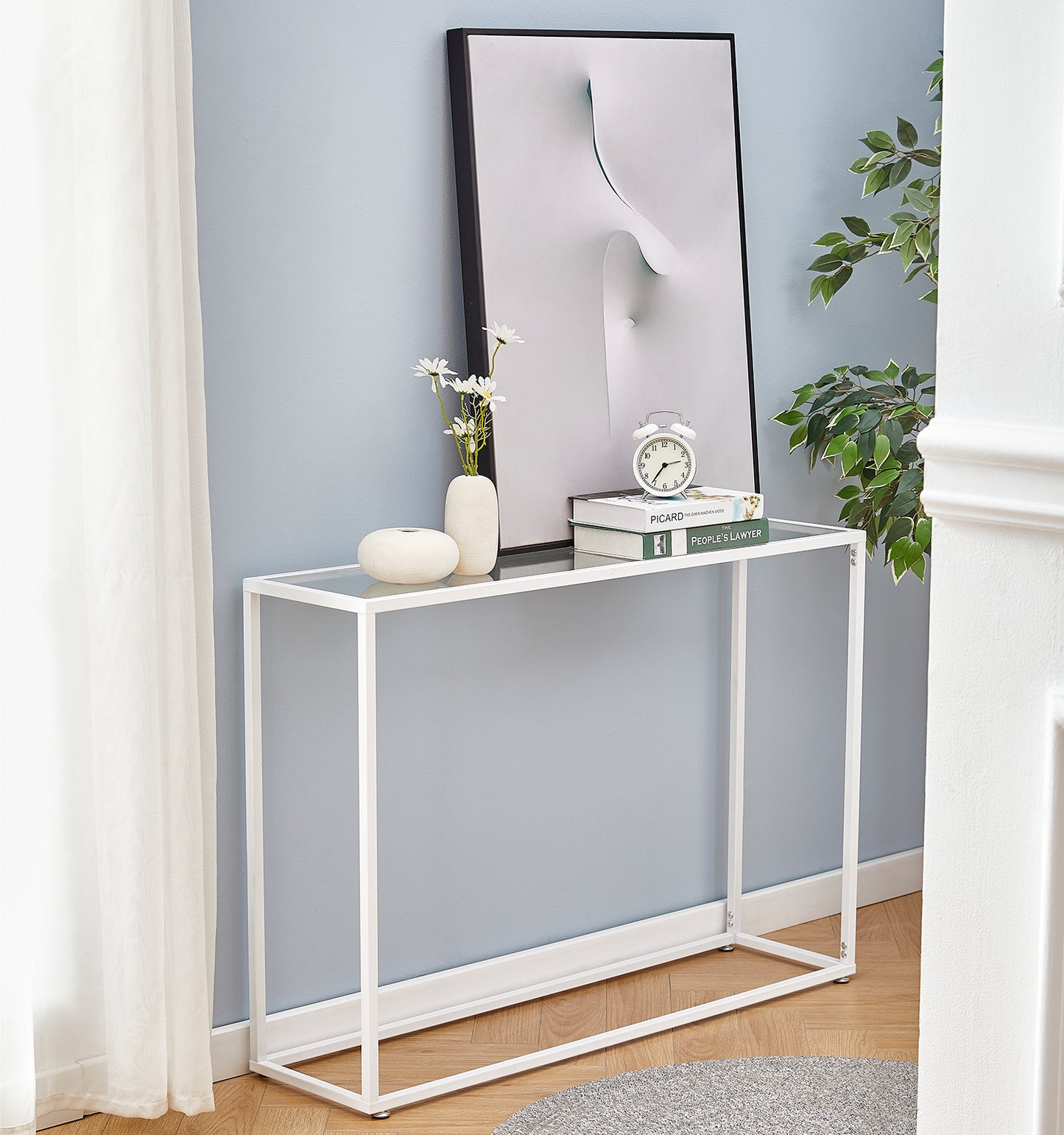 iRerts Console Table Narrow Sofa Table with Metal Frame, White Entryway Table with Glass Tabletop, Industrial Skinny Hallway Table Sofa Tables Narrow Long for Hallway Living Room Home Office Entrance