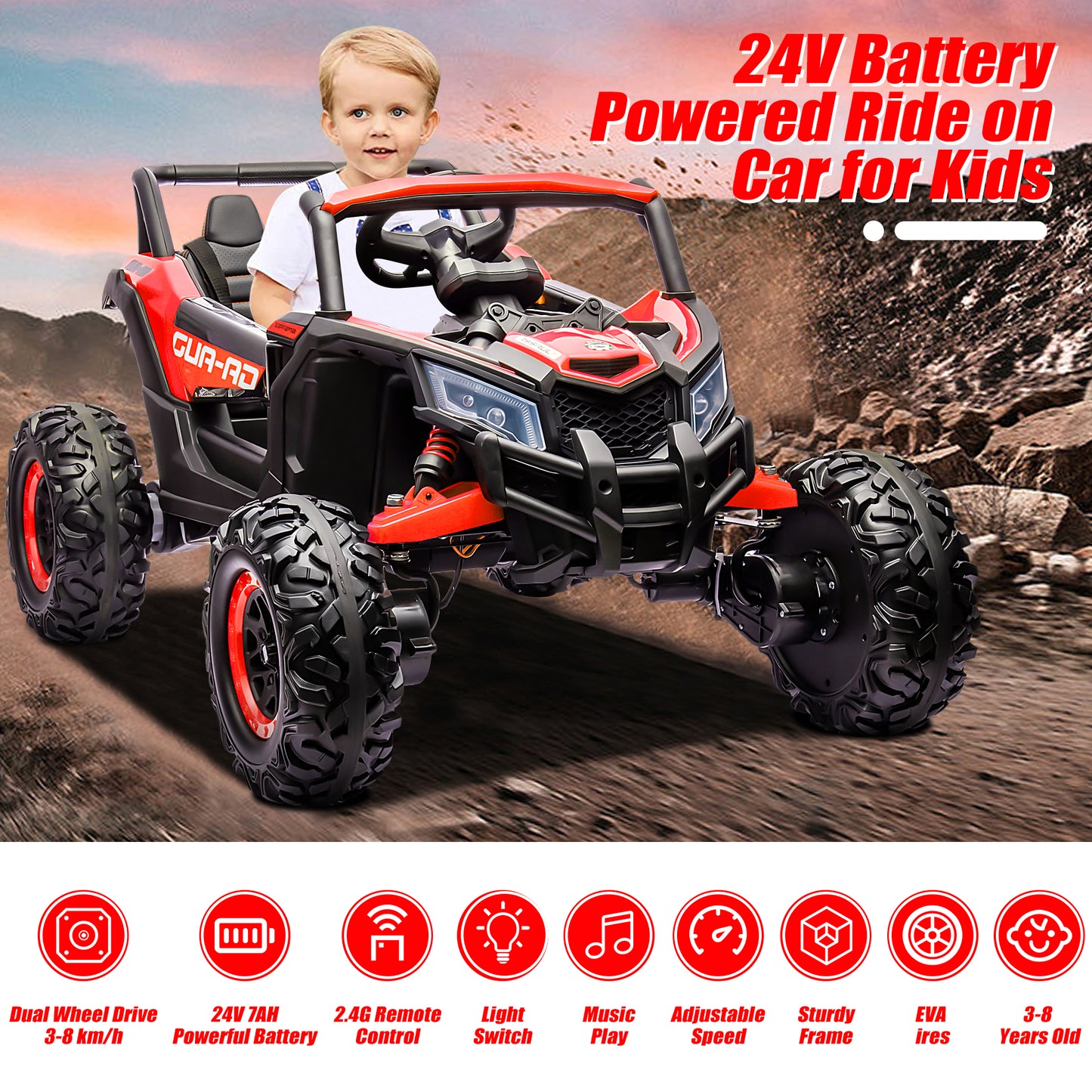 iRerts Red 24V Battery Powered Ride on UTV Cars for Boys Girls, Kids Ride on Toys with Remote Control, Music, LED Light, USB, Bluetooth, Large Seat Kids Electric Vehicle for Christmas Birthday Gifts